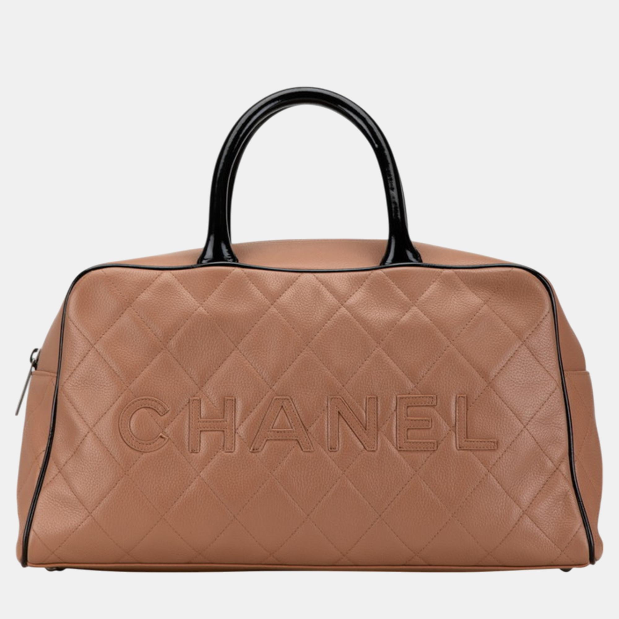 

Chanel Pink Beige Black Caviar Skin Patent Leather Matelasse Boston Bag