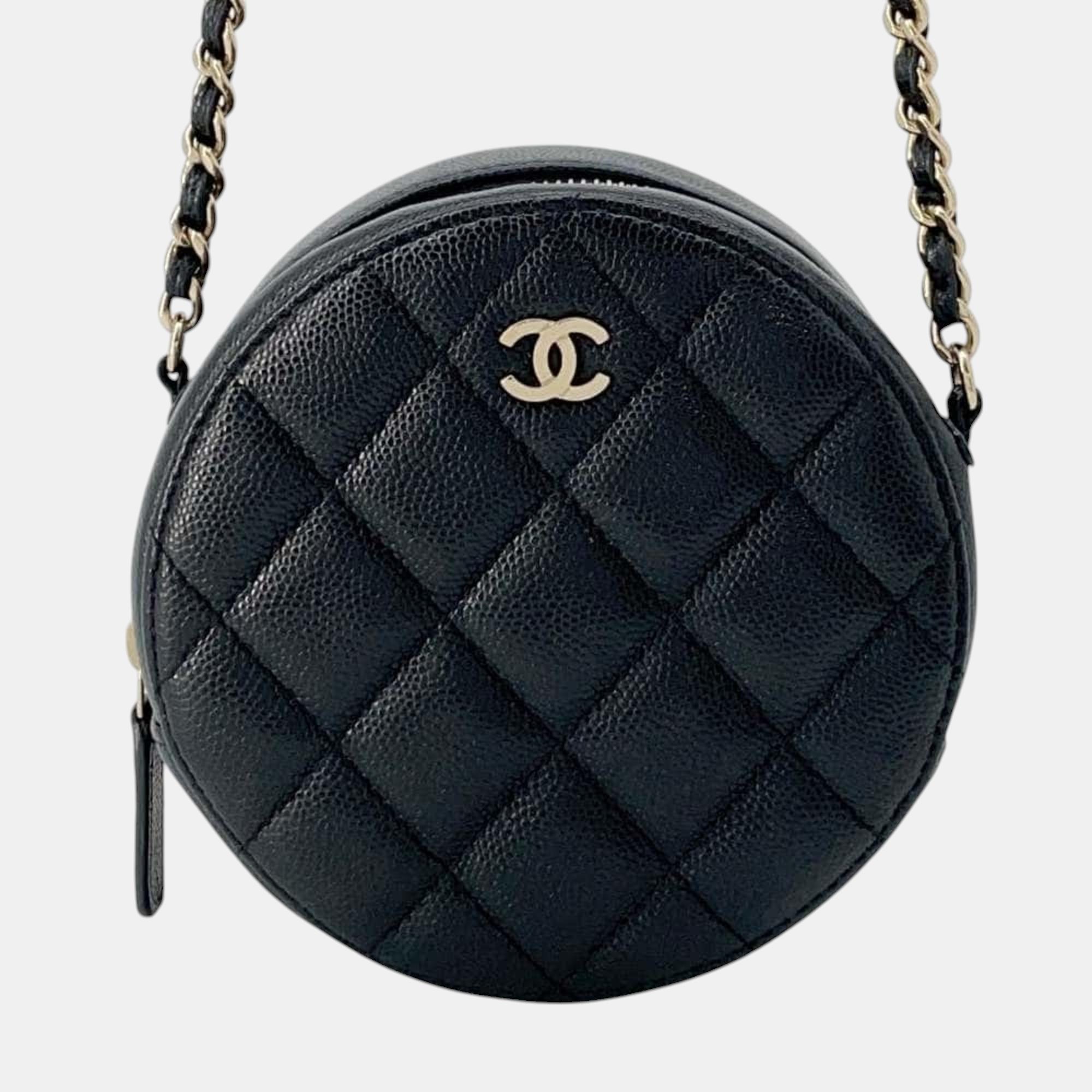 

Chanel Black Caviar Skin Classic Matelasse Coco Mark Round Chain Shoulder Bag