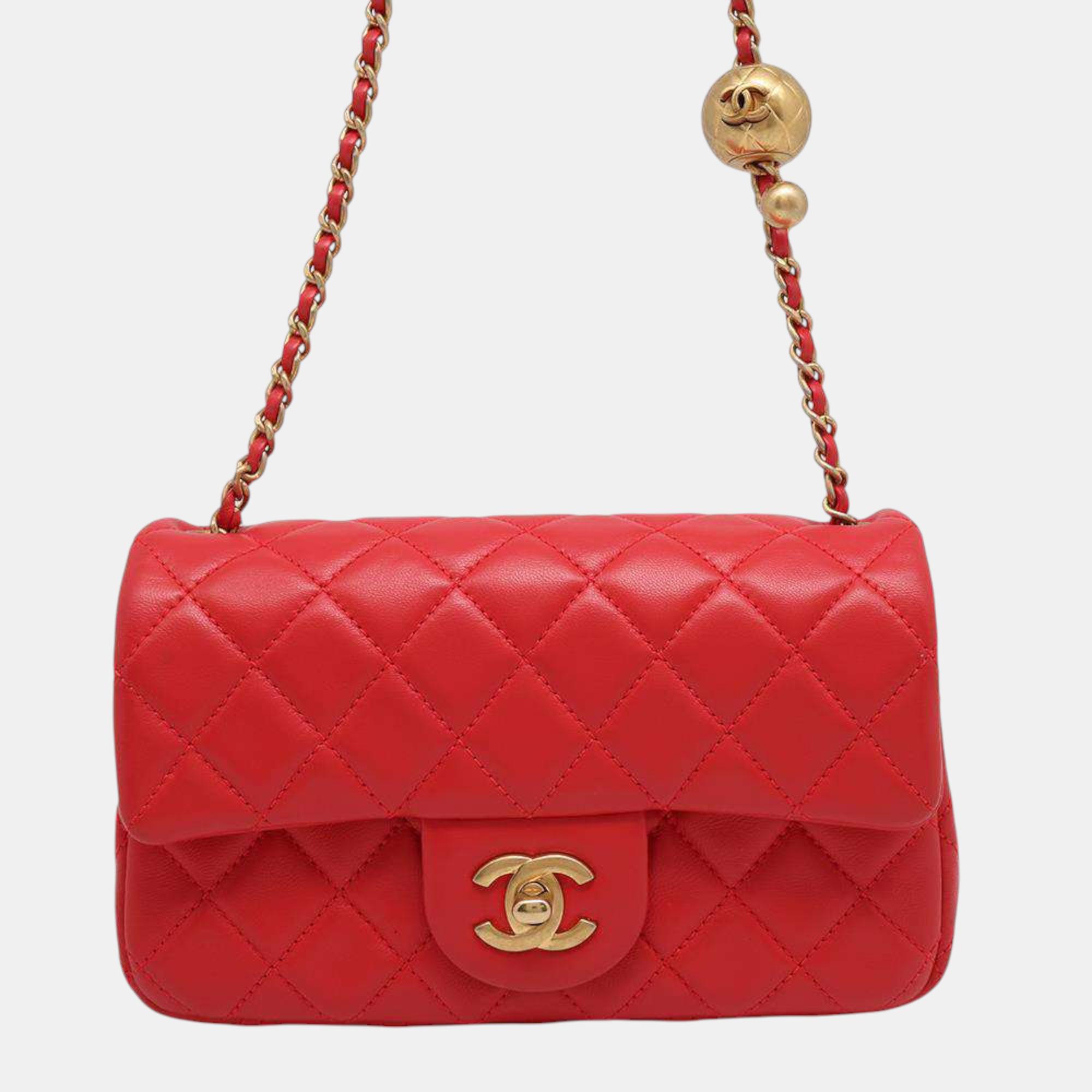 

Chanel Red Lambskin Mini Matelasse Cocoball Chain Shoulder Bag Size