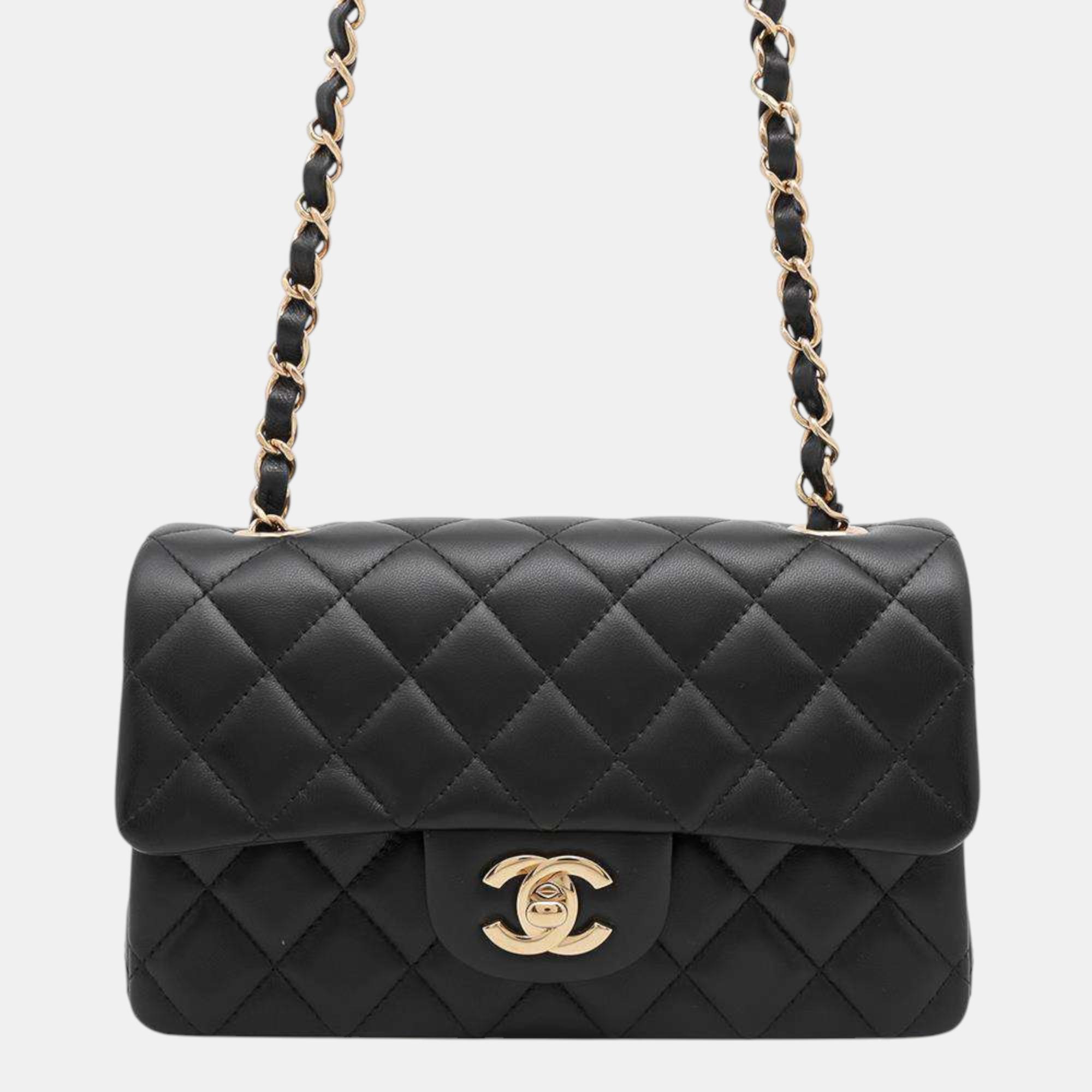 

Chanel Black Lambskin Matelasse Single Flap Chain Shoulder Bag Size