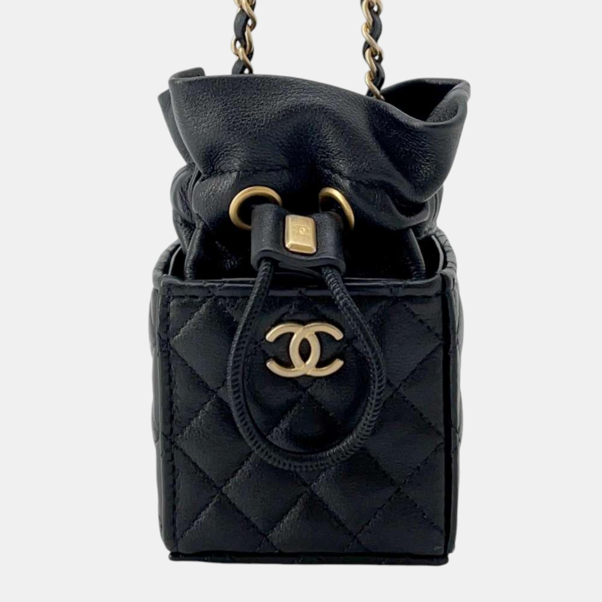 

Chanel Black Lambskin Matelasse Mini Drawstring Square Chain Shoulder Bag