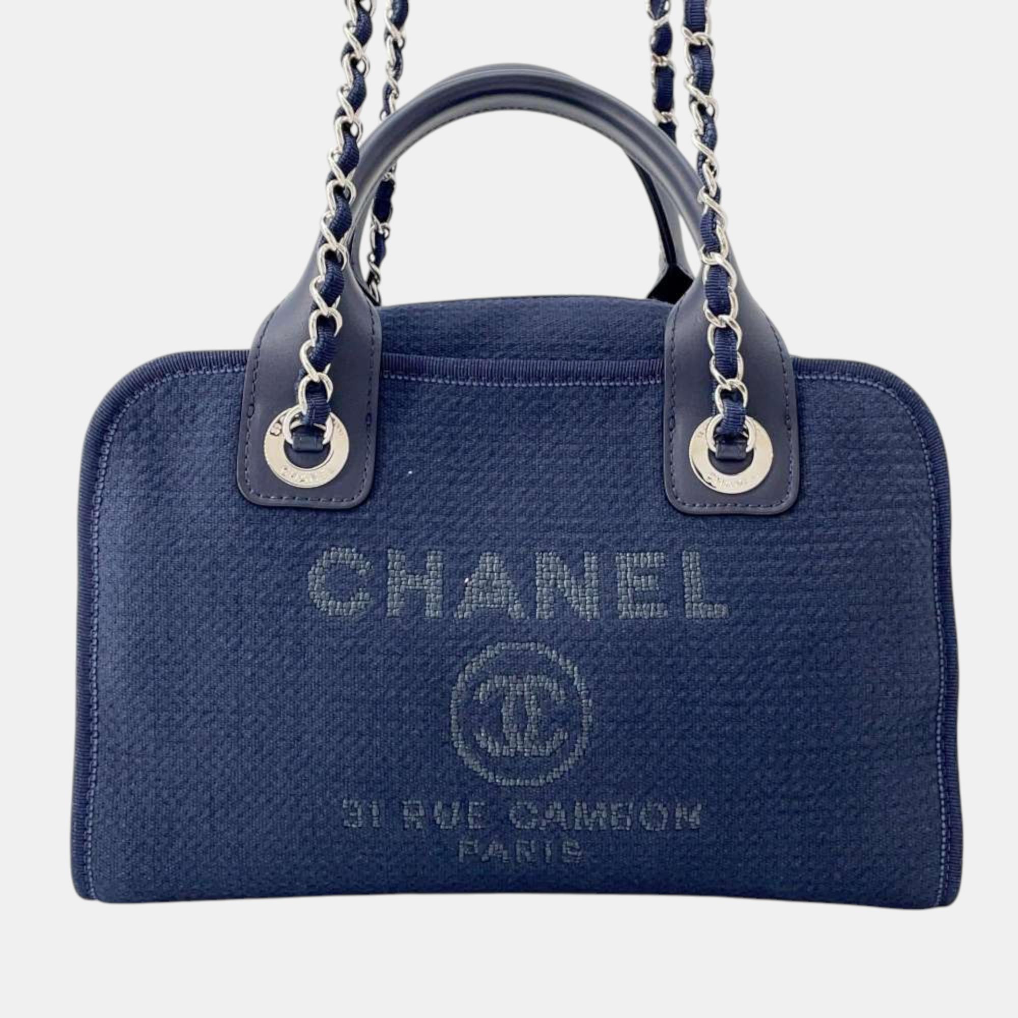 

Chanel Navy Canvas Leather Deauville Chain Bag, Navy blue