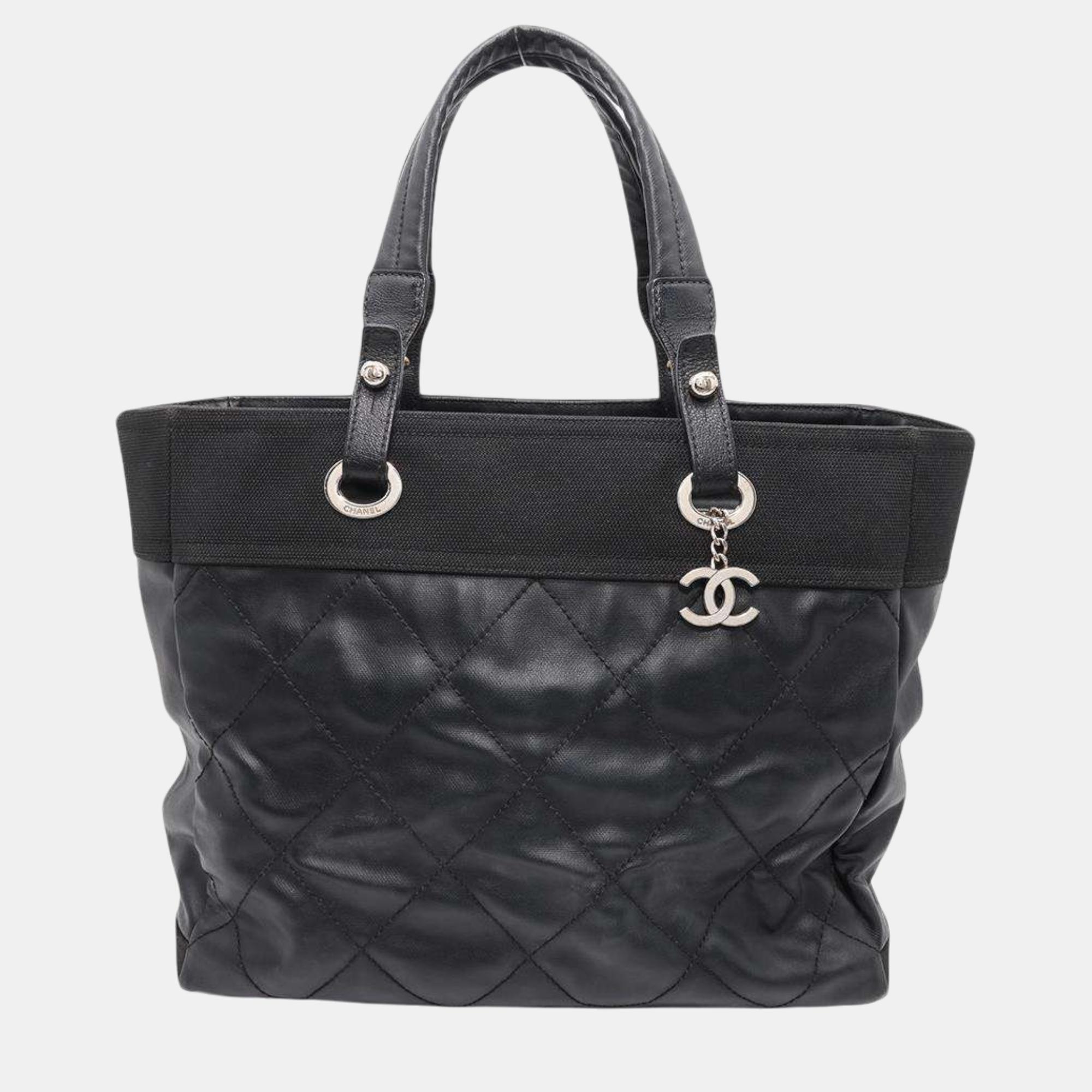 

Chanel Black Leather Canvas Paris-Biarritz Tote Bag Size Medium