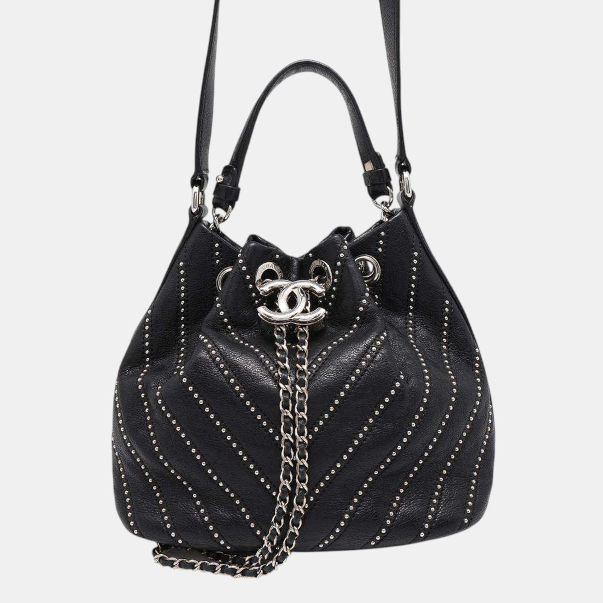 

Chanel Black Leather Chevron Studded Drawstring shoulder Bag