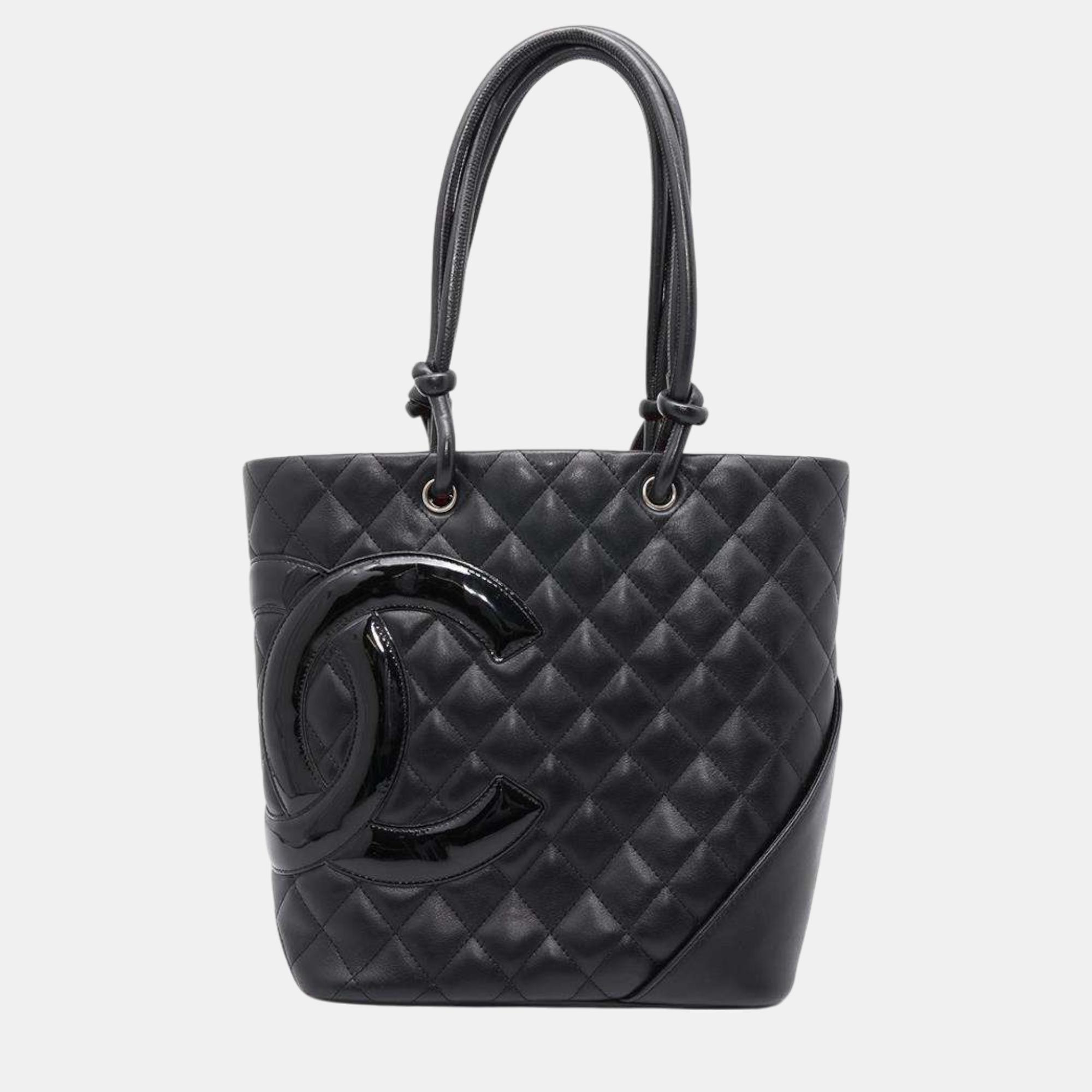 

Chanel Black Leather Patent Leather Cambon Tote Bag Size Medium