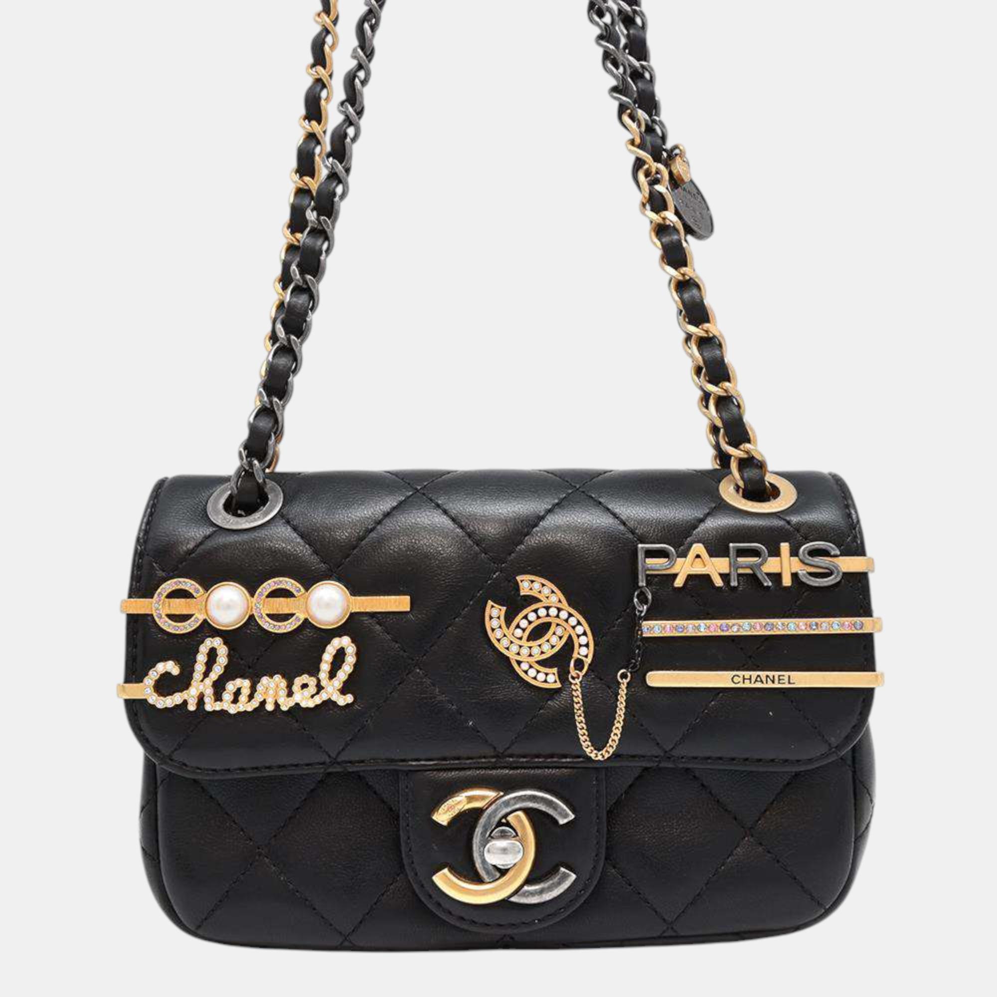 

Chanel Black Lambskin Mini Matelasse Clip Coco Chain shoulder Bag Size