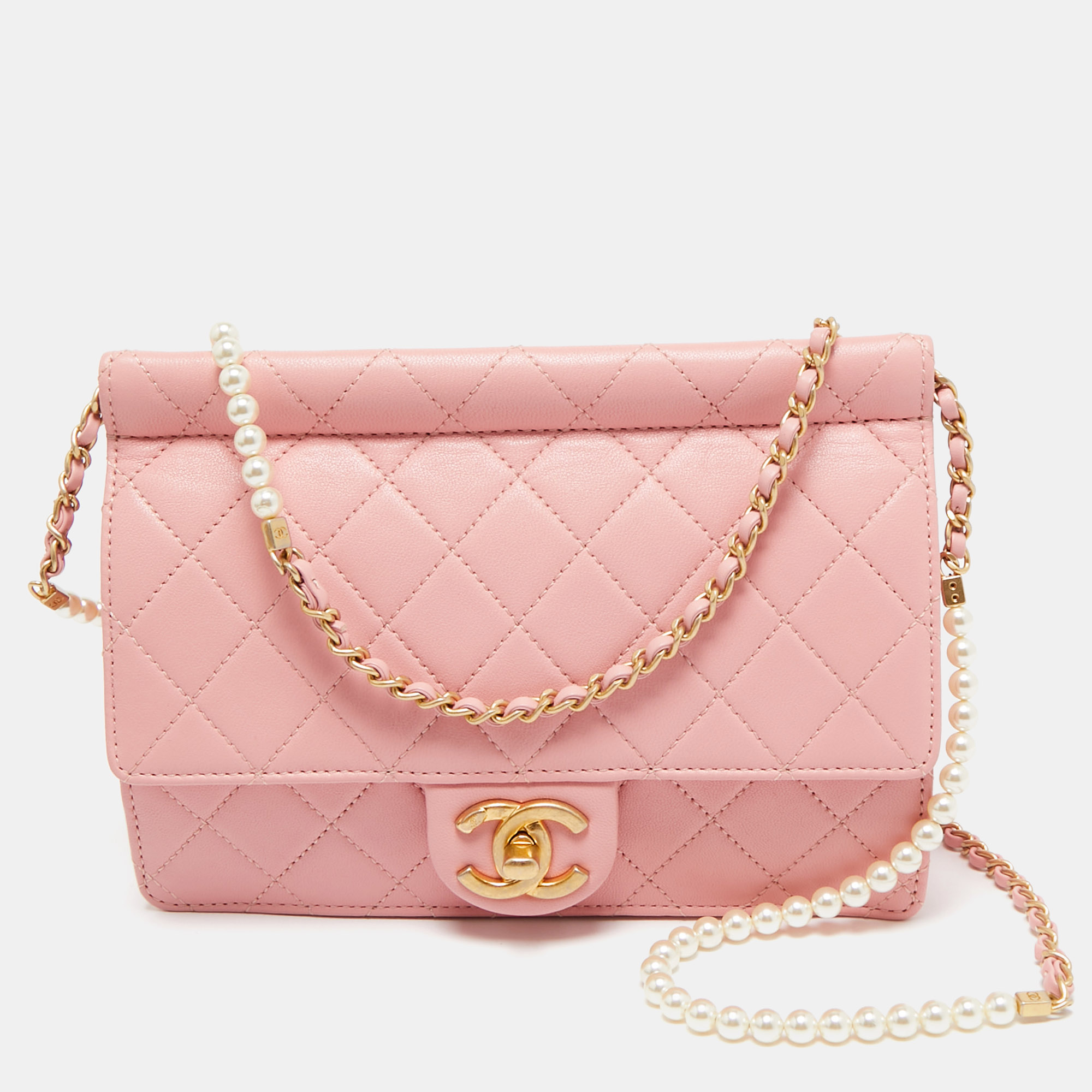 

Chanel Pink Quilted Leather Pearl Chain Flap Bag