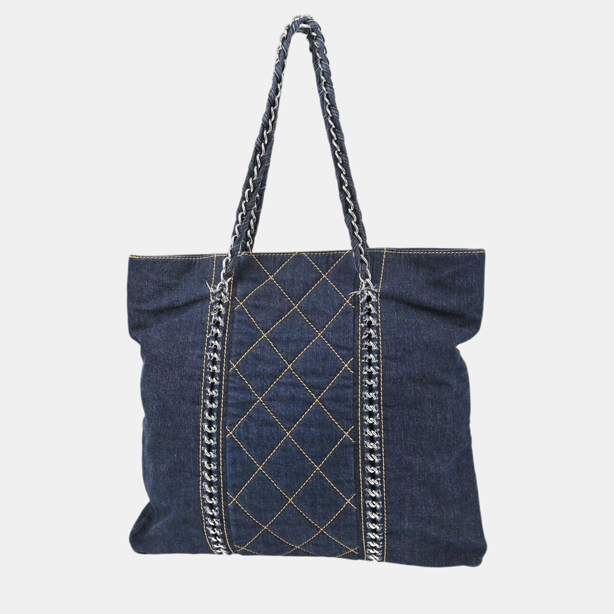 Chanel Blue Denim Luxury Line Tote Handbag 
