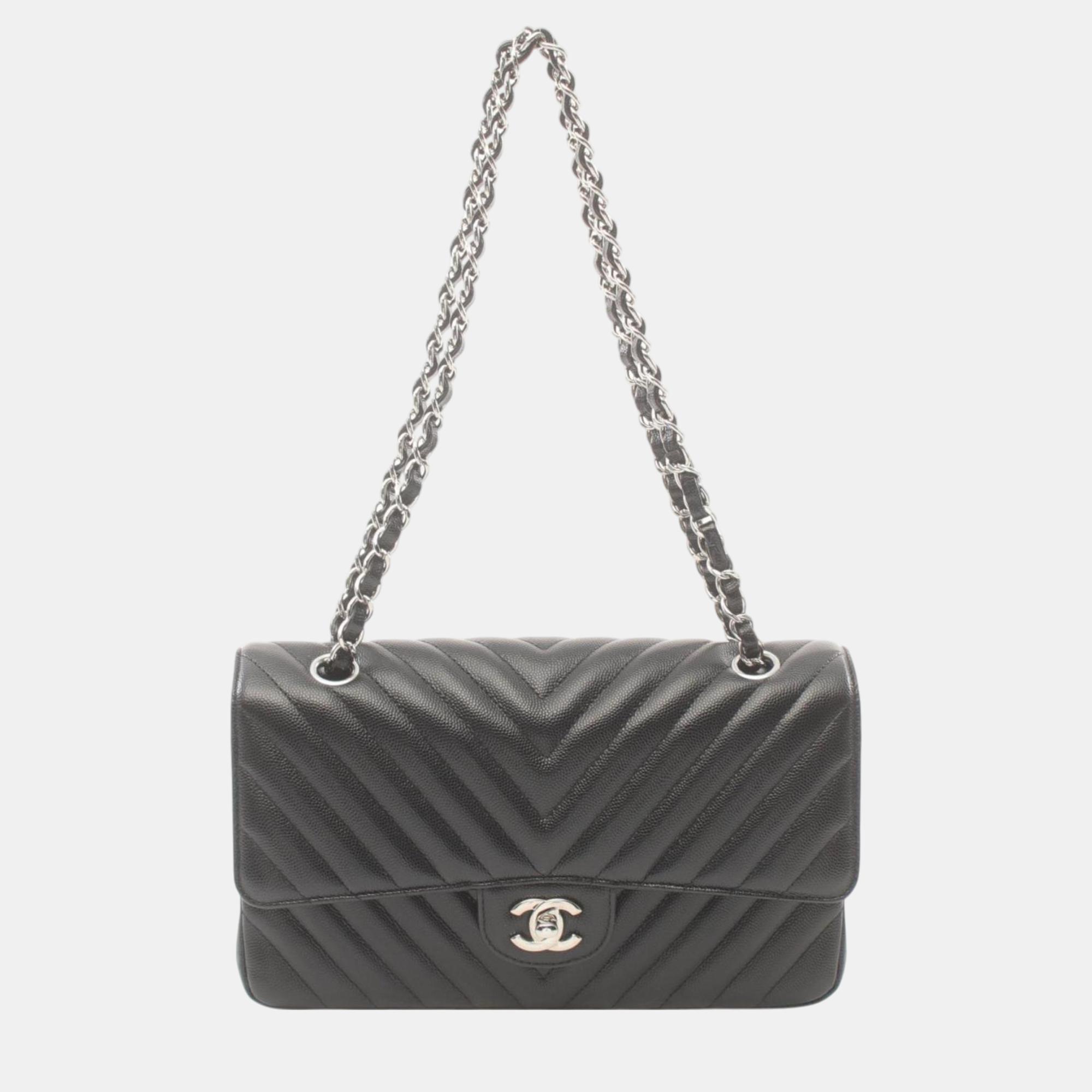 

Chanel Leather Grained Calfskin Black Chevron V-Stitch W-Flap Shoulder Bag