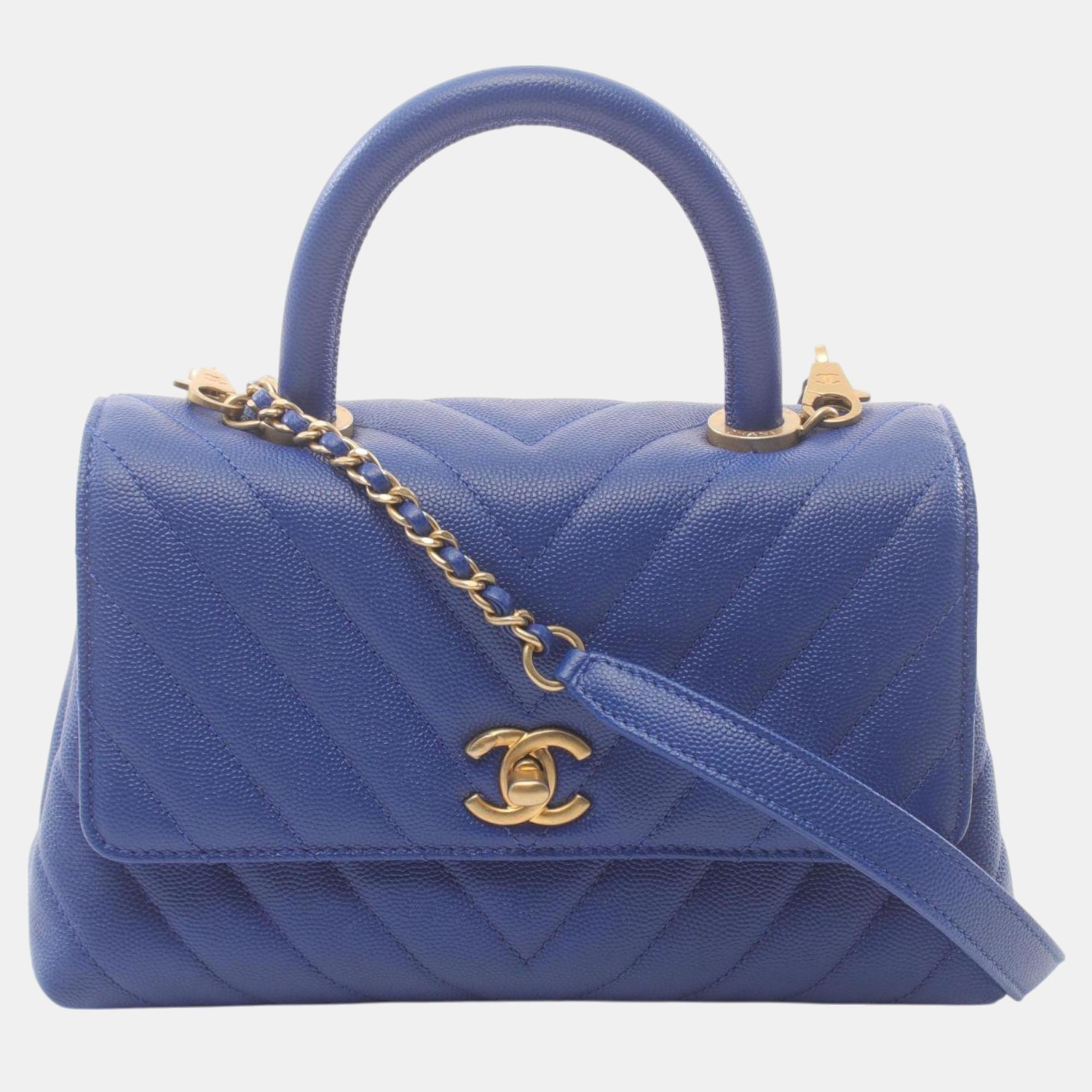 

Chanel Blue Leather Grained Calfskin Coco Handle V Stitch Flap Handbag