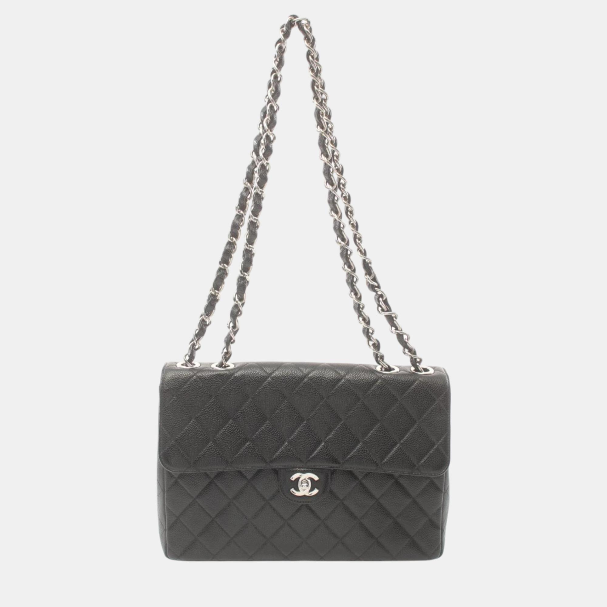 

Chanel Leather Grained Calfskin Black Deca Matelasse 30 Classic Large W-Flap Shoulder Bag