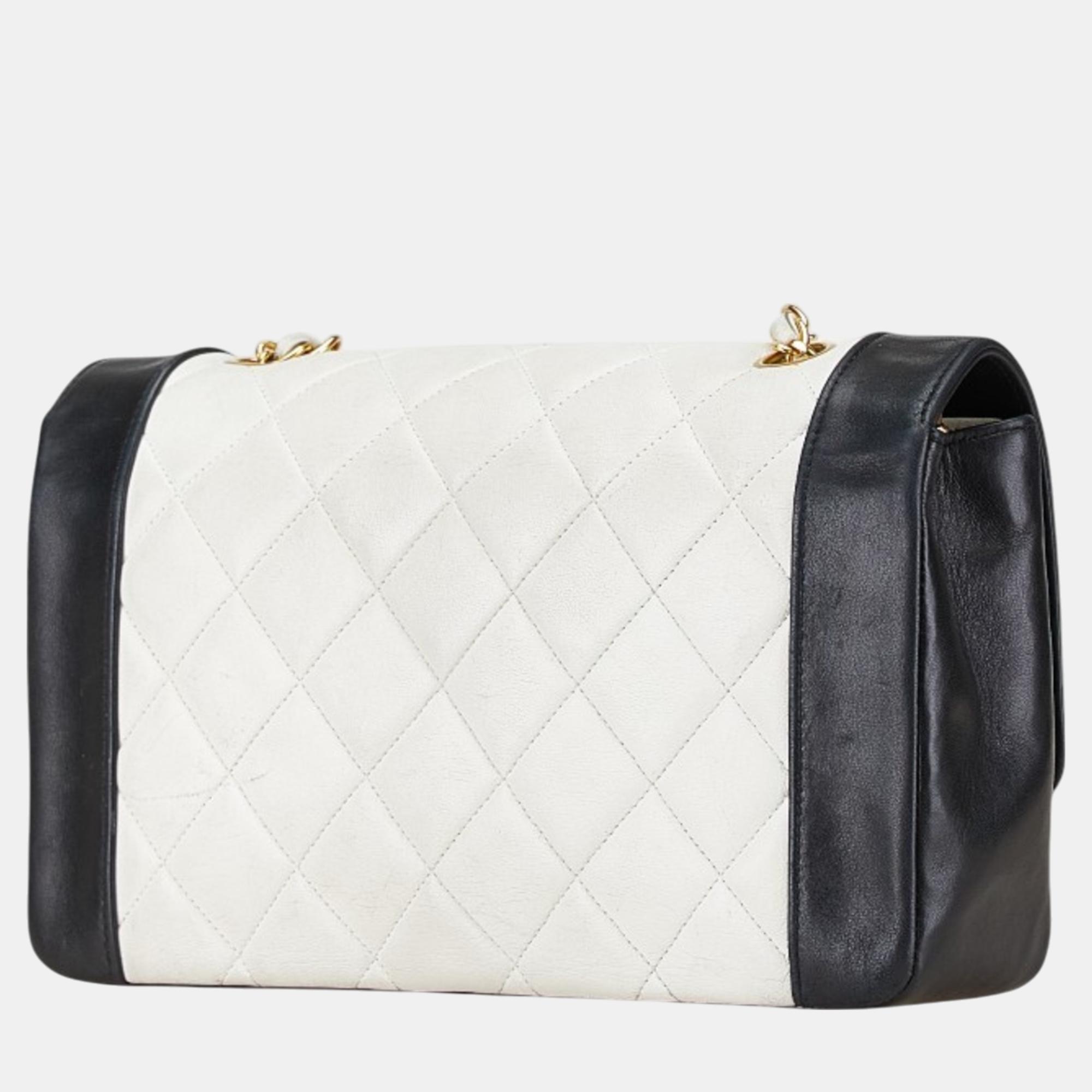 Chanel White Black Bicolor Lambskin Matelasse 25 Coco Mark Diana Chain Shoulder Bag 