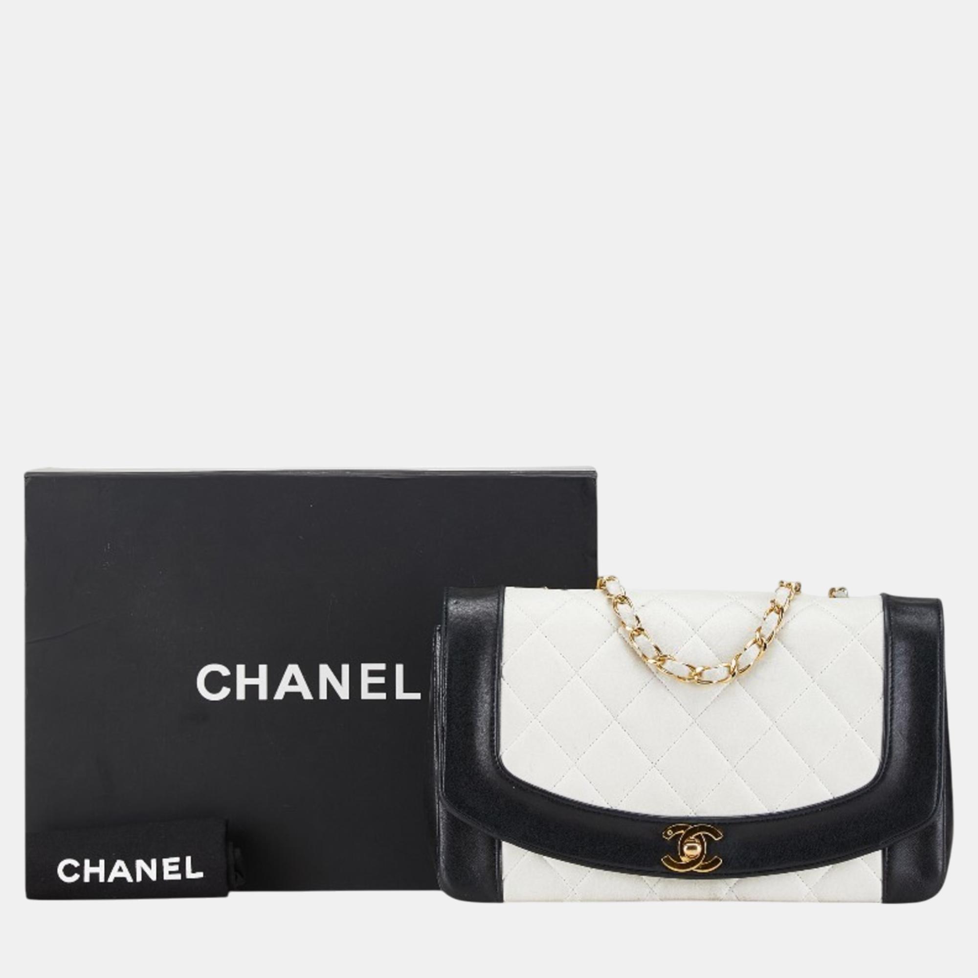 Chanel White Black Bicolor Lambskin Matelasse 25 Coco Mark Diana Chain Shoulder Bag 