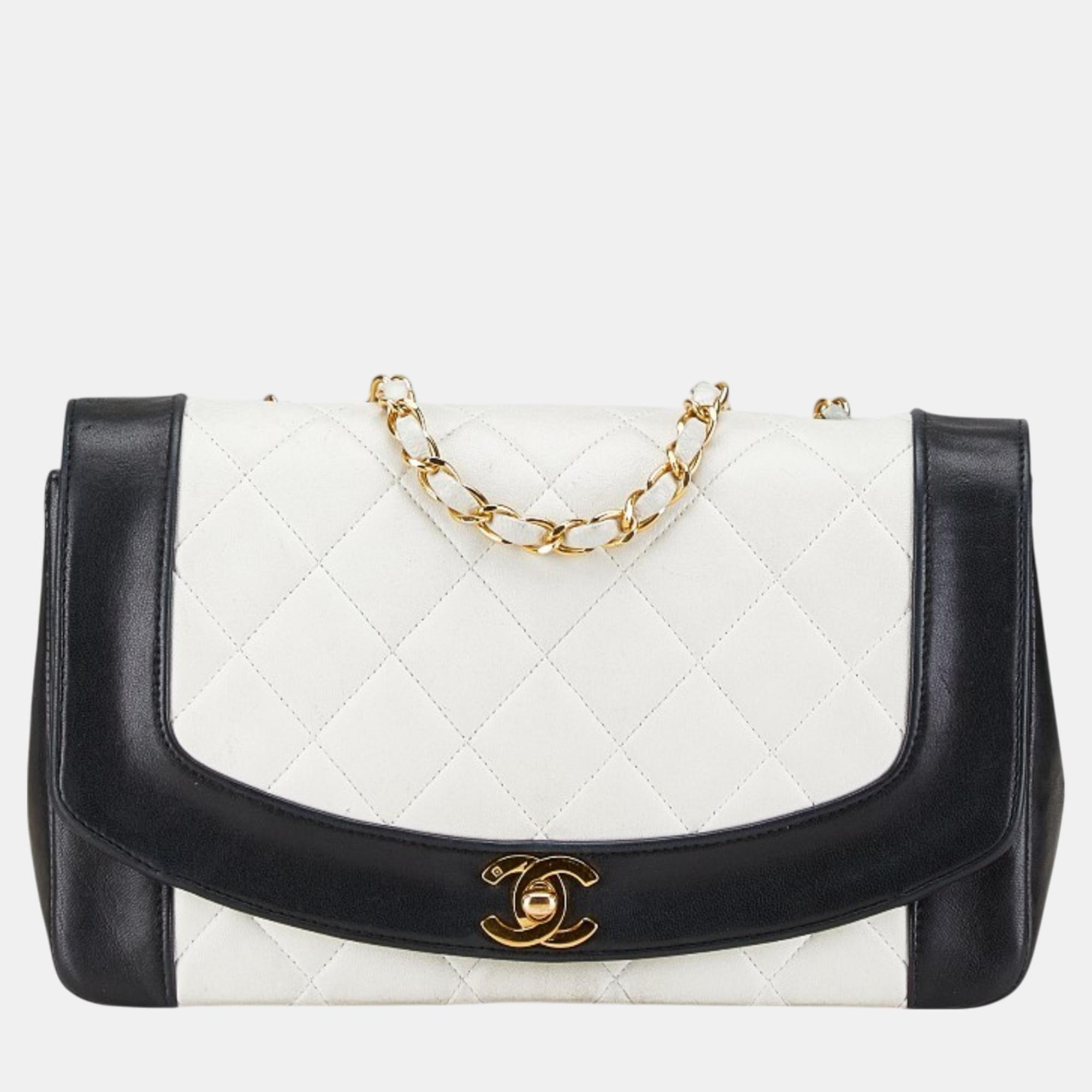 

Chanel White Black Bicolor Lambskin Matelasse 25 Coco Mark Diana Chain Shoulder Bag