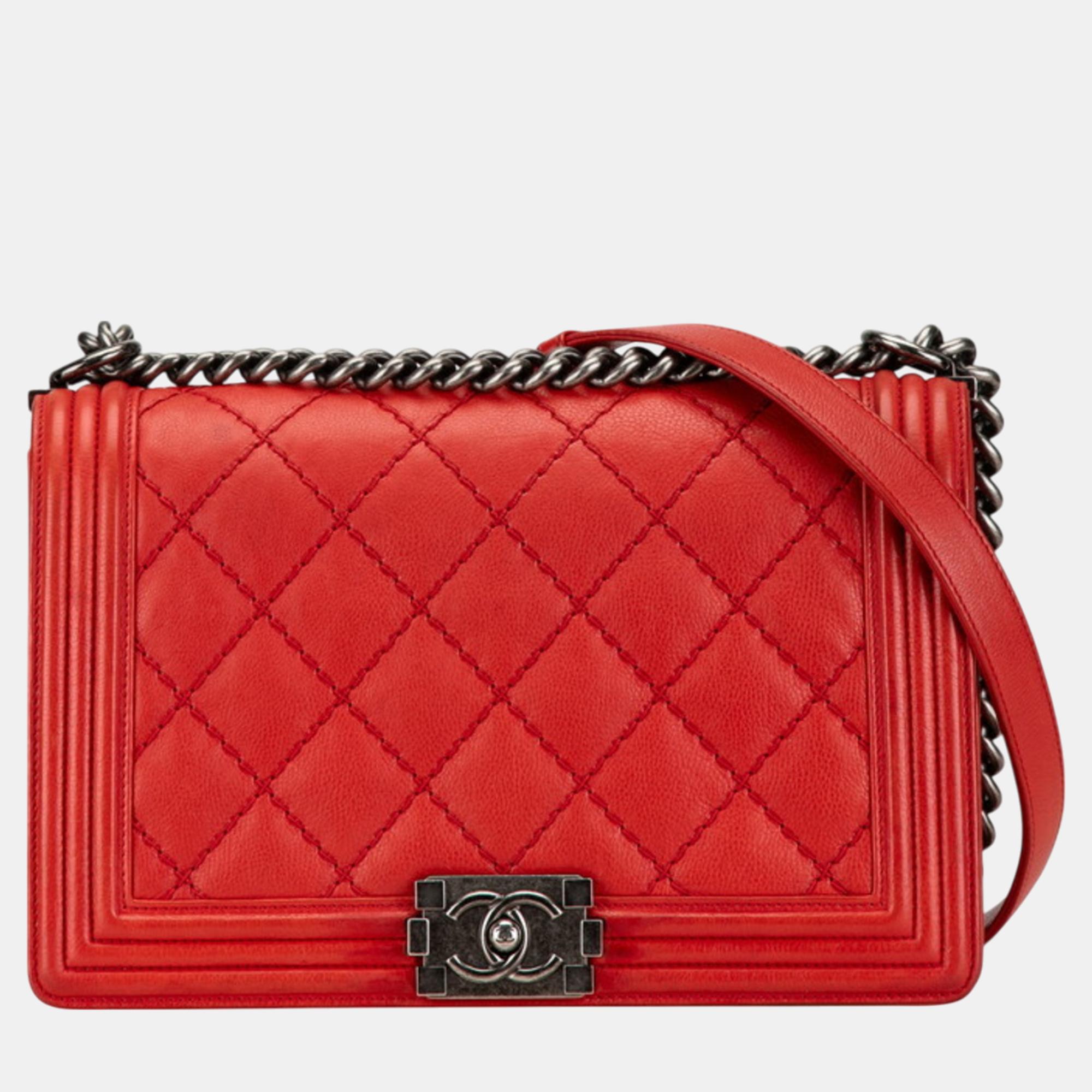 

Chanel Red Silver Lambskin Boy Chanel Wild Stitch Coco Mark Chain Shoulder Bag