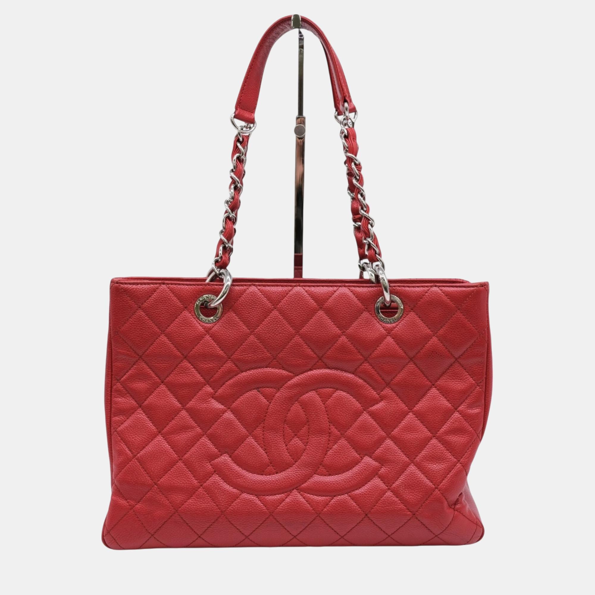 

Chanel Red Caviar Skin Gst Matelasse Chain Tote Bag