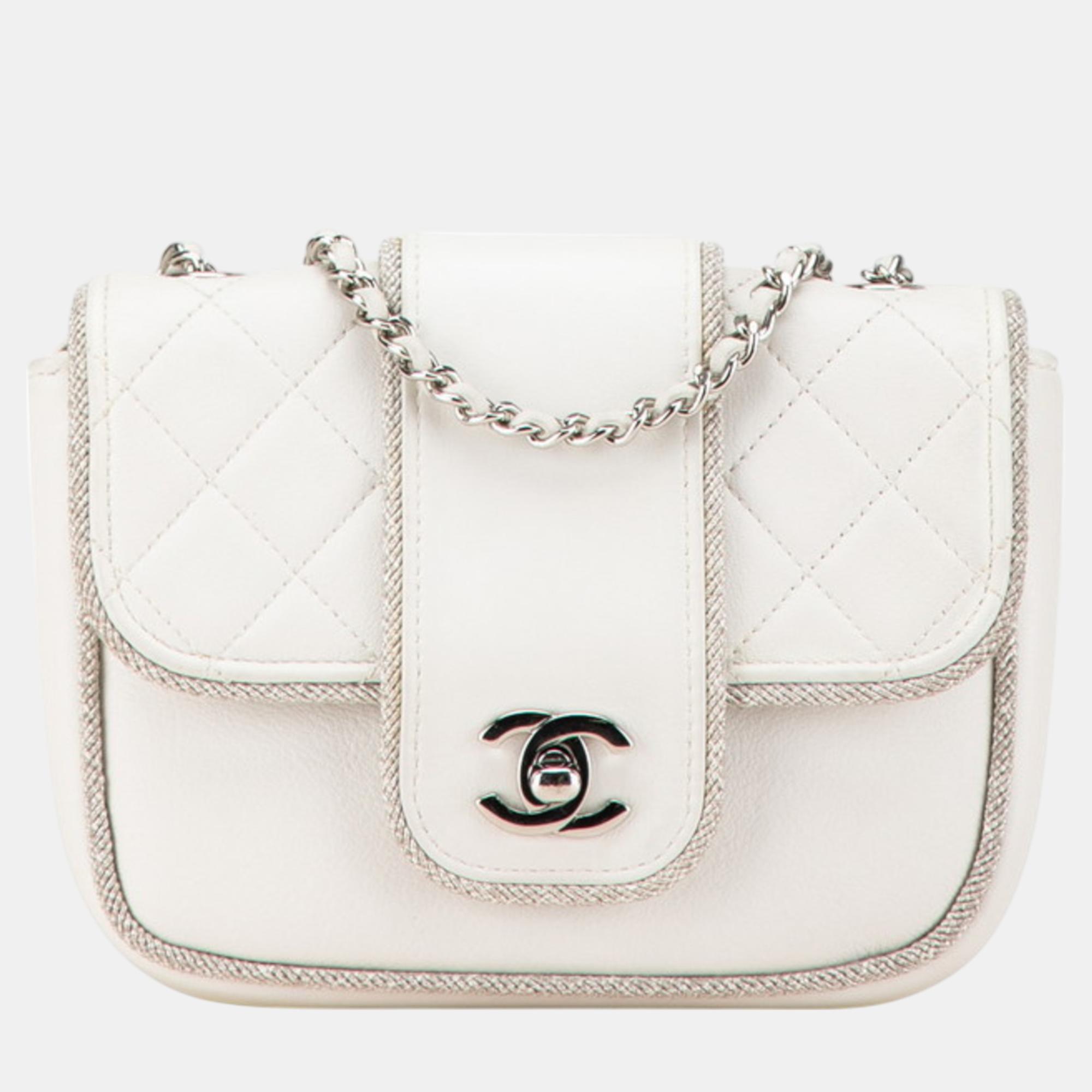 

Chanel White Silver Lambskin Matelasse Coco Mark Chain Shoulder Bag