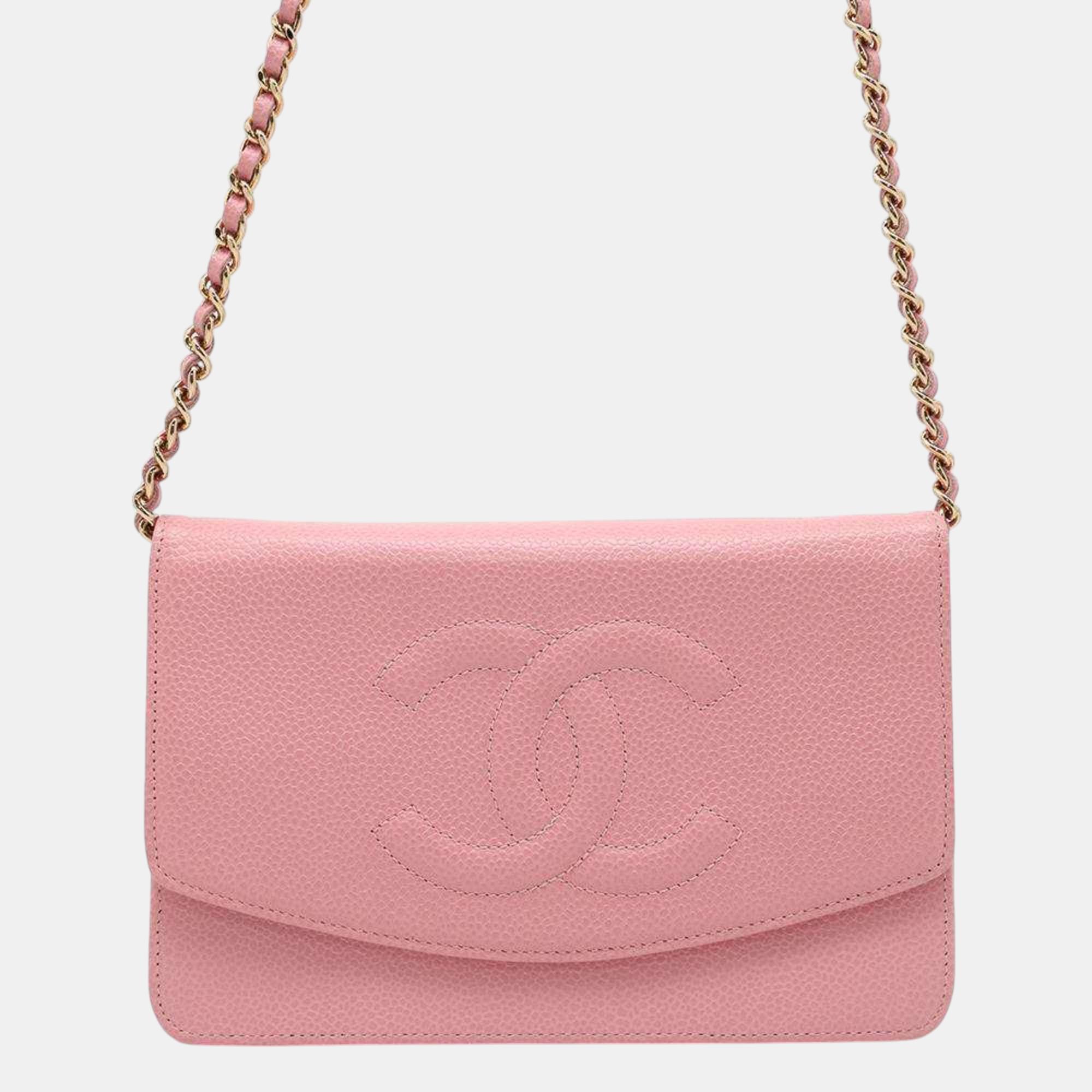 

Chanel Caviar Skin Coco Mark Chain Wallet Bag, Pink