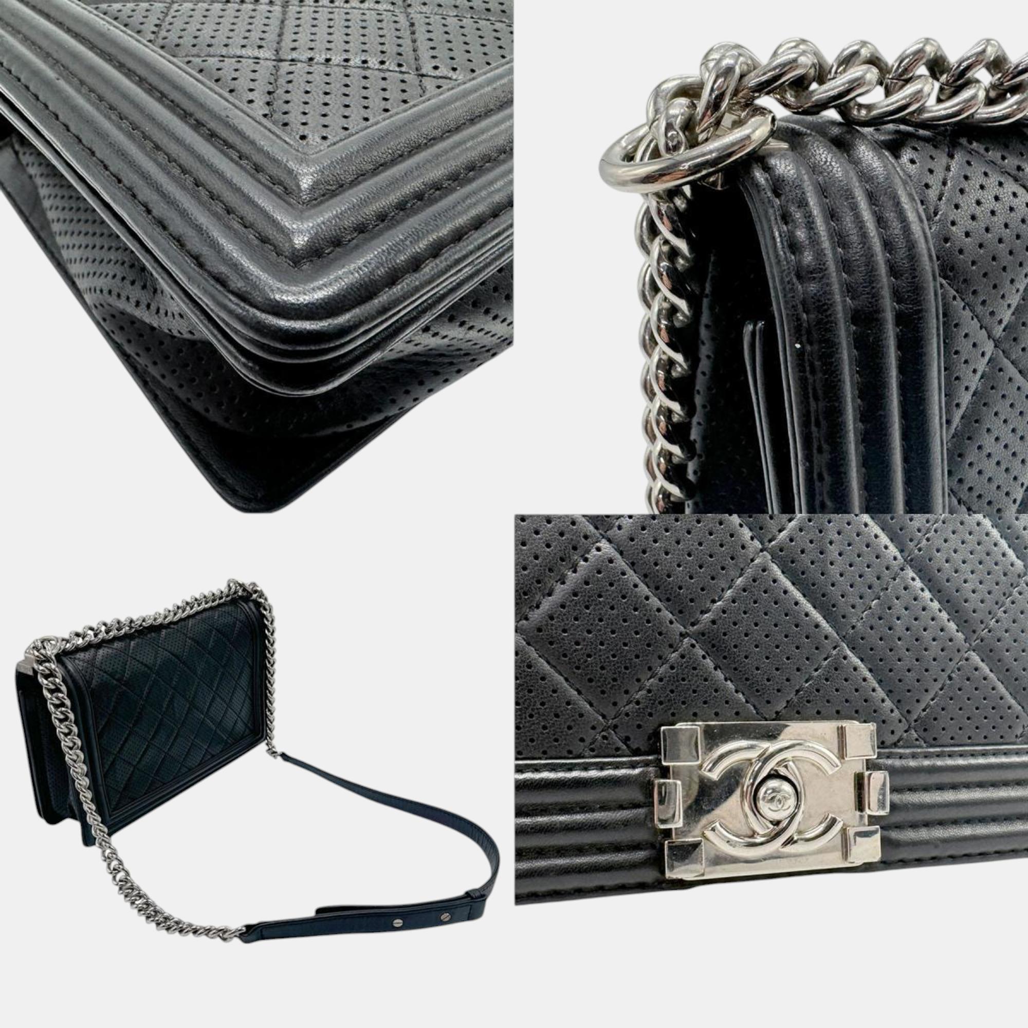 Chanel Leather Black Silver Boy Chanel Shoulder Bag 