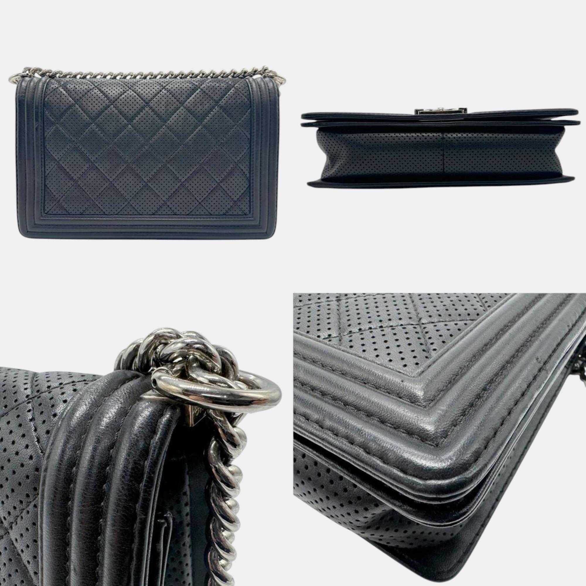 Chanel Leather Black Silver Boy Chanel Shoulder Bag 