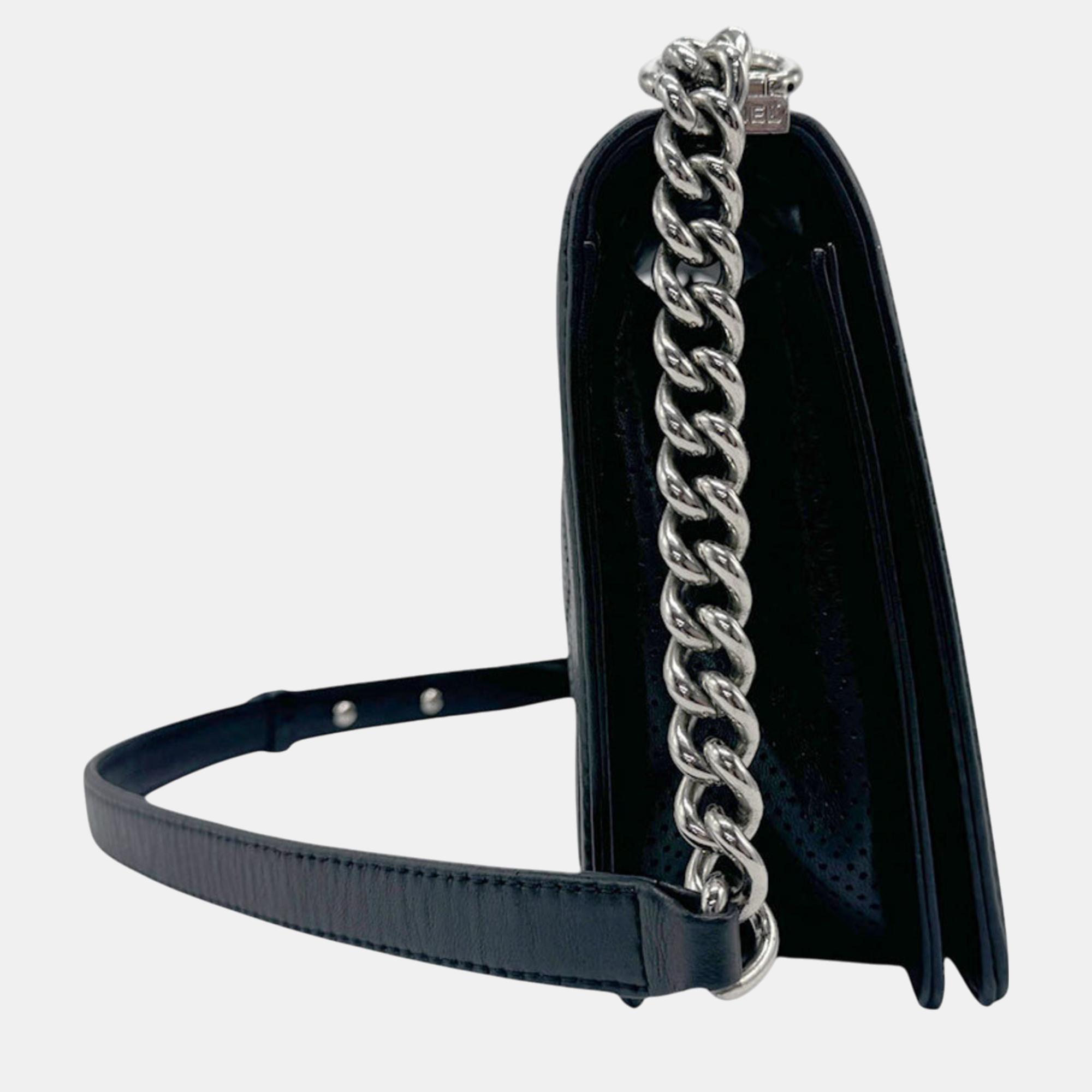 Chanel Leather Black Silver Boy Chanel Shoulder Bag 