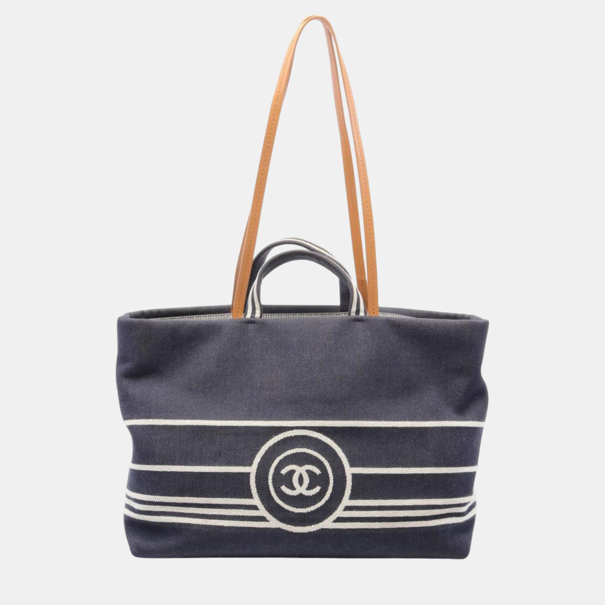 

Chanel Denim Leather Navy White Brown Coco Mark Tote Bag, Navy blue