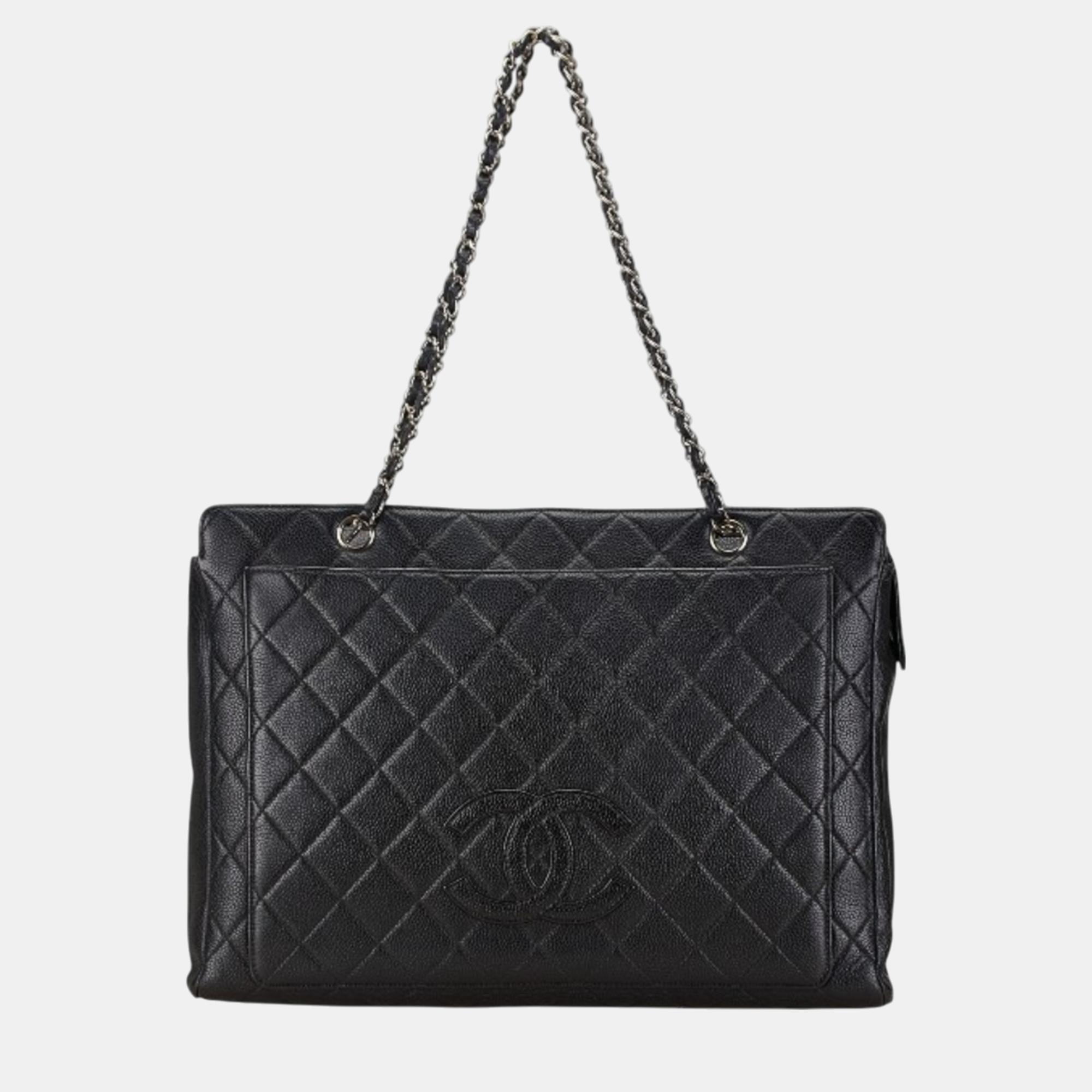 

Chanel Black Silver Caviar Skin Coco Mark Chain Tote Bag