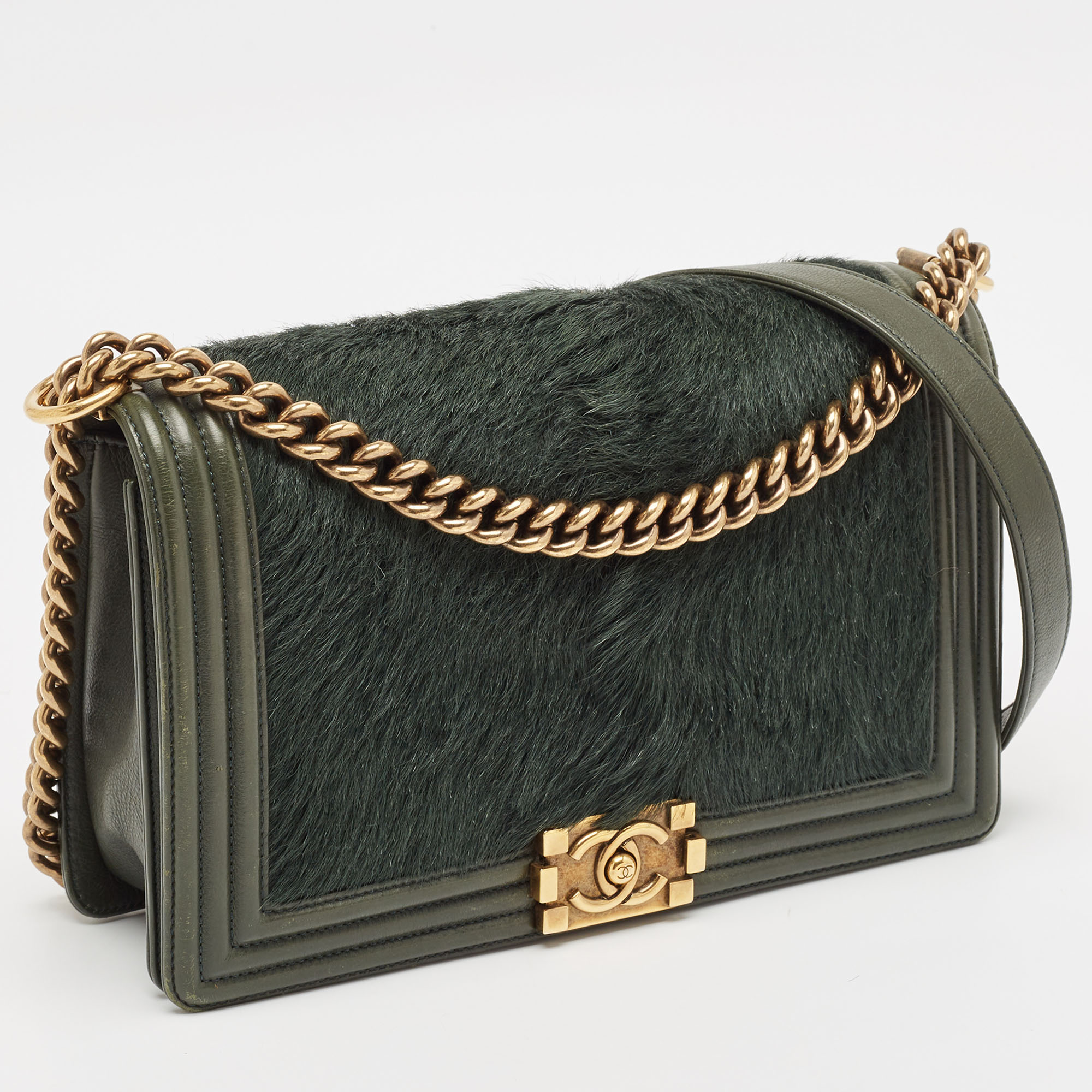 Chanel Green Calfhair and Leather New Medium Boy Flap Bag 