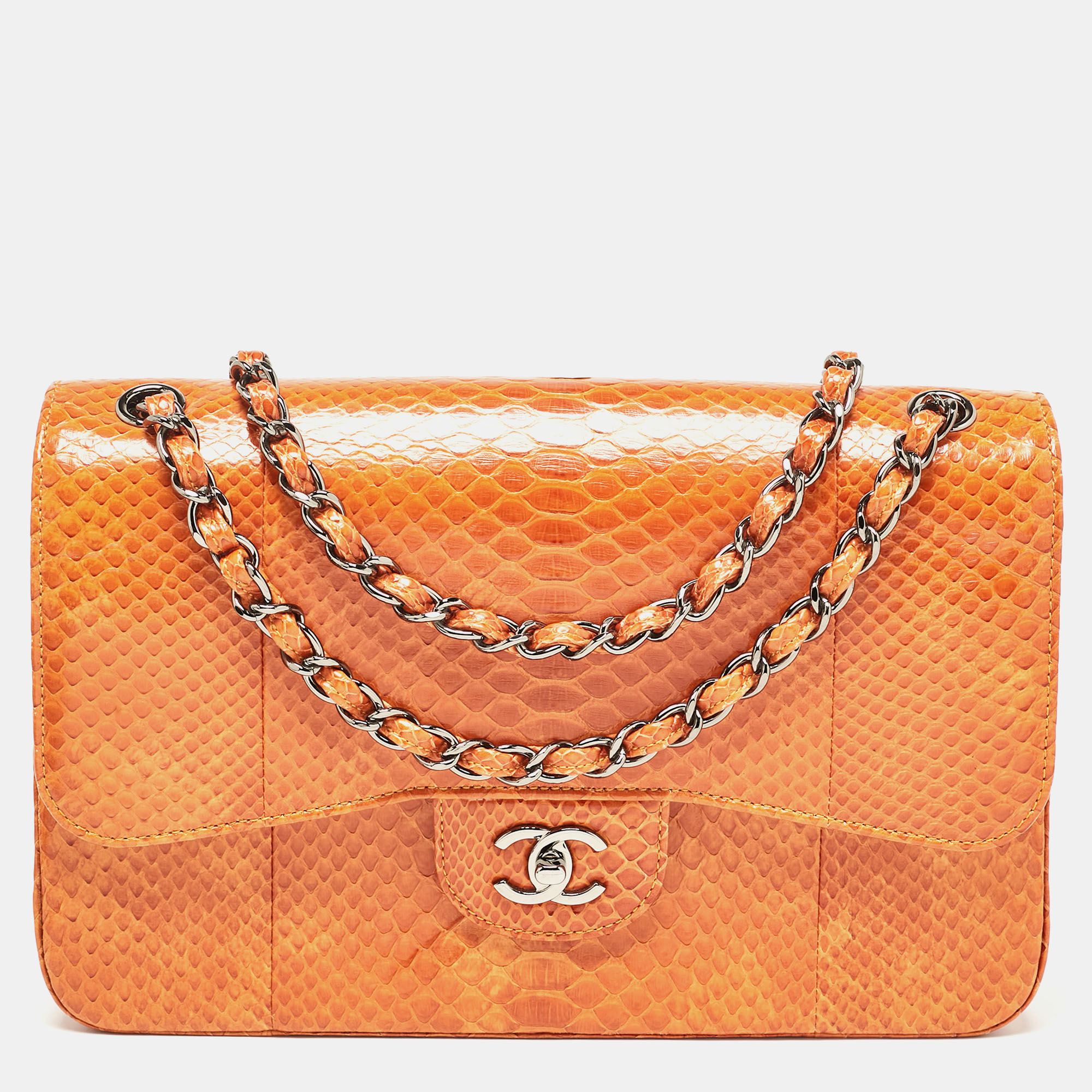 

Chanel Orange Python Jumbo Classic Double Flap Bag