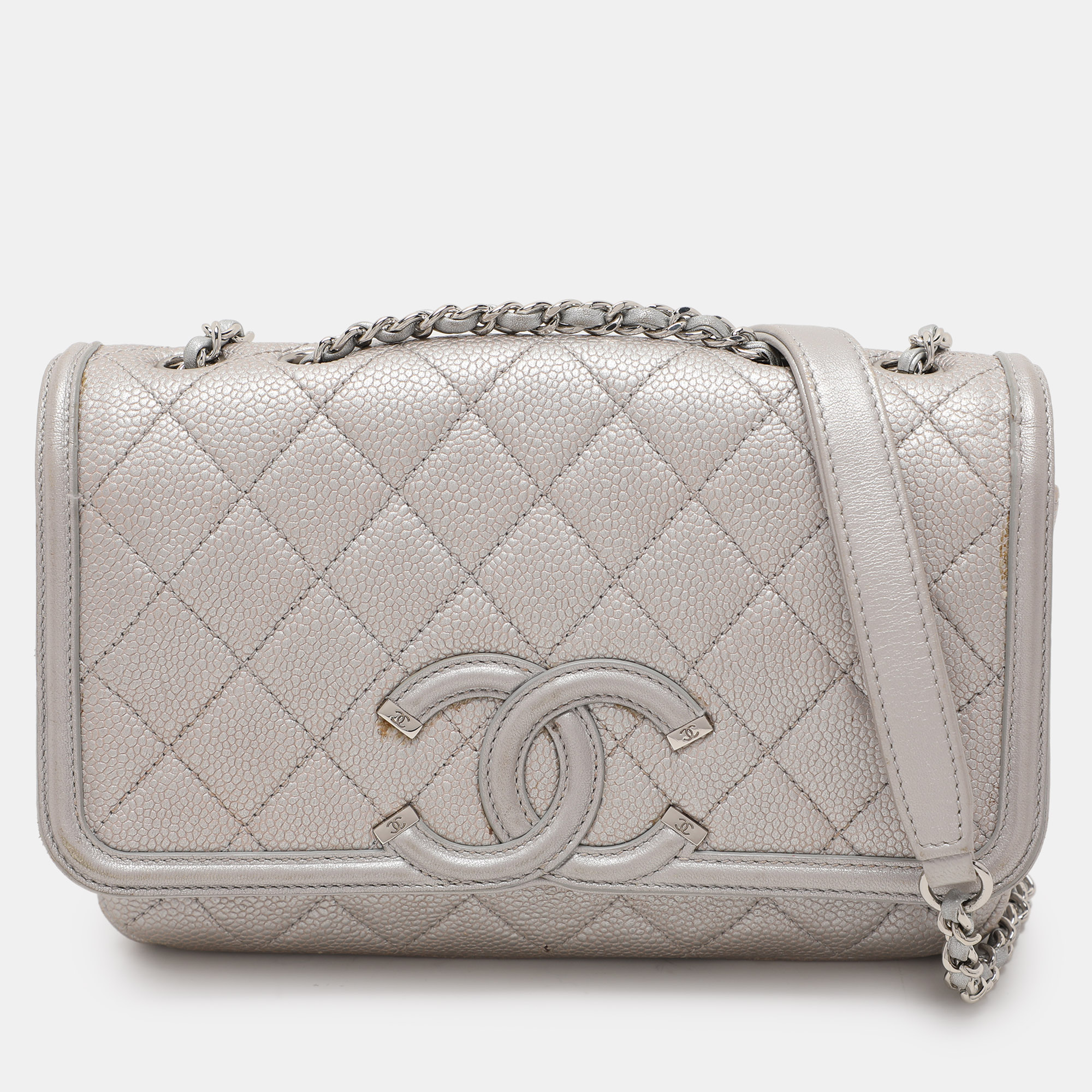 

Chanel Silver Quilted Caviar Leather  Filigree Flap Bag