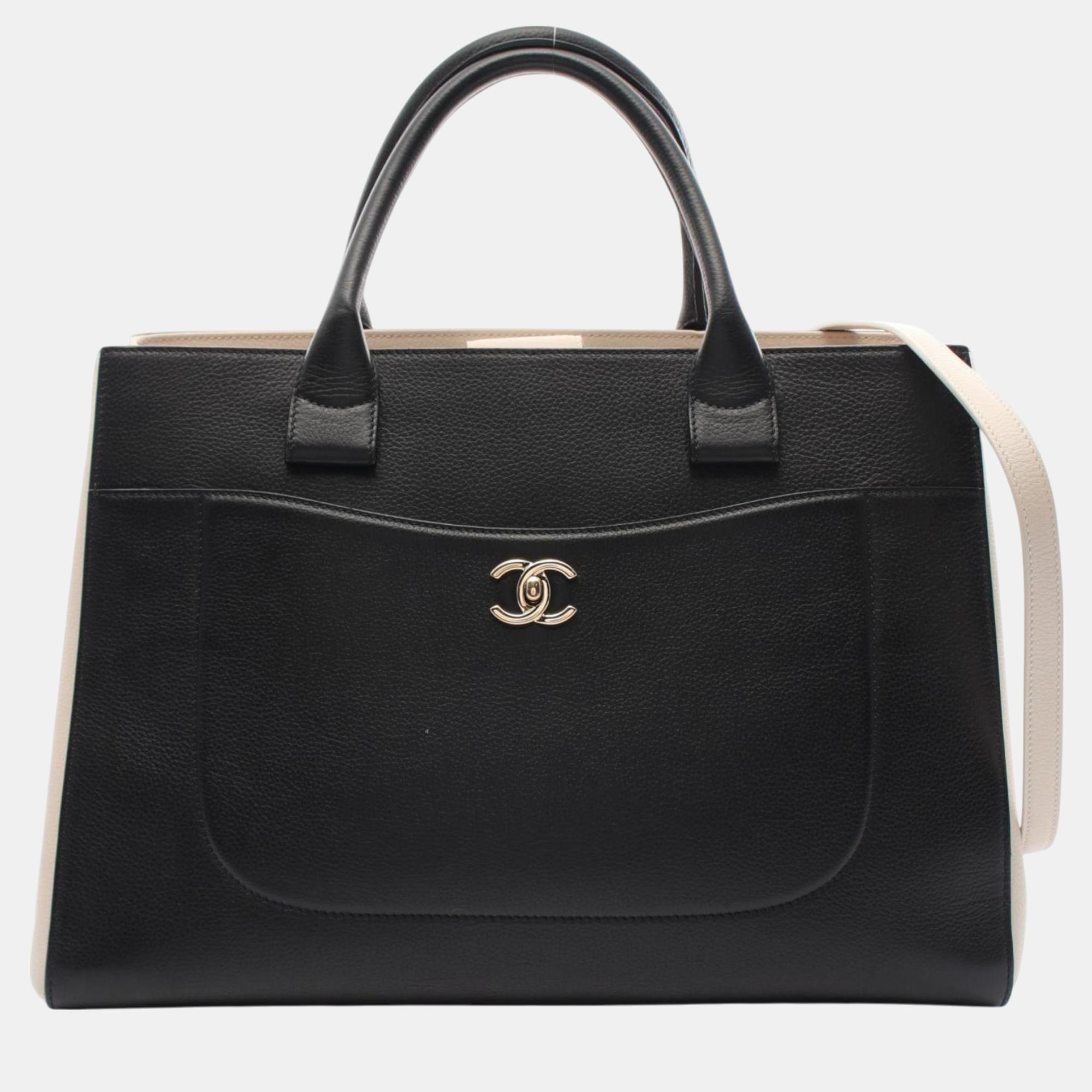 Pre-owned Chanel Leather Black Beige Neo Executive Tote Bag