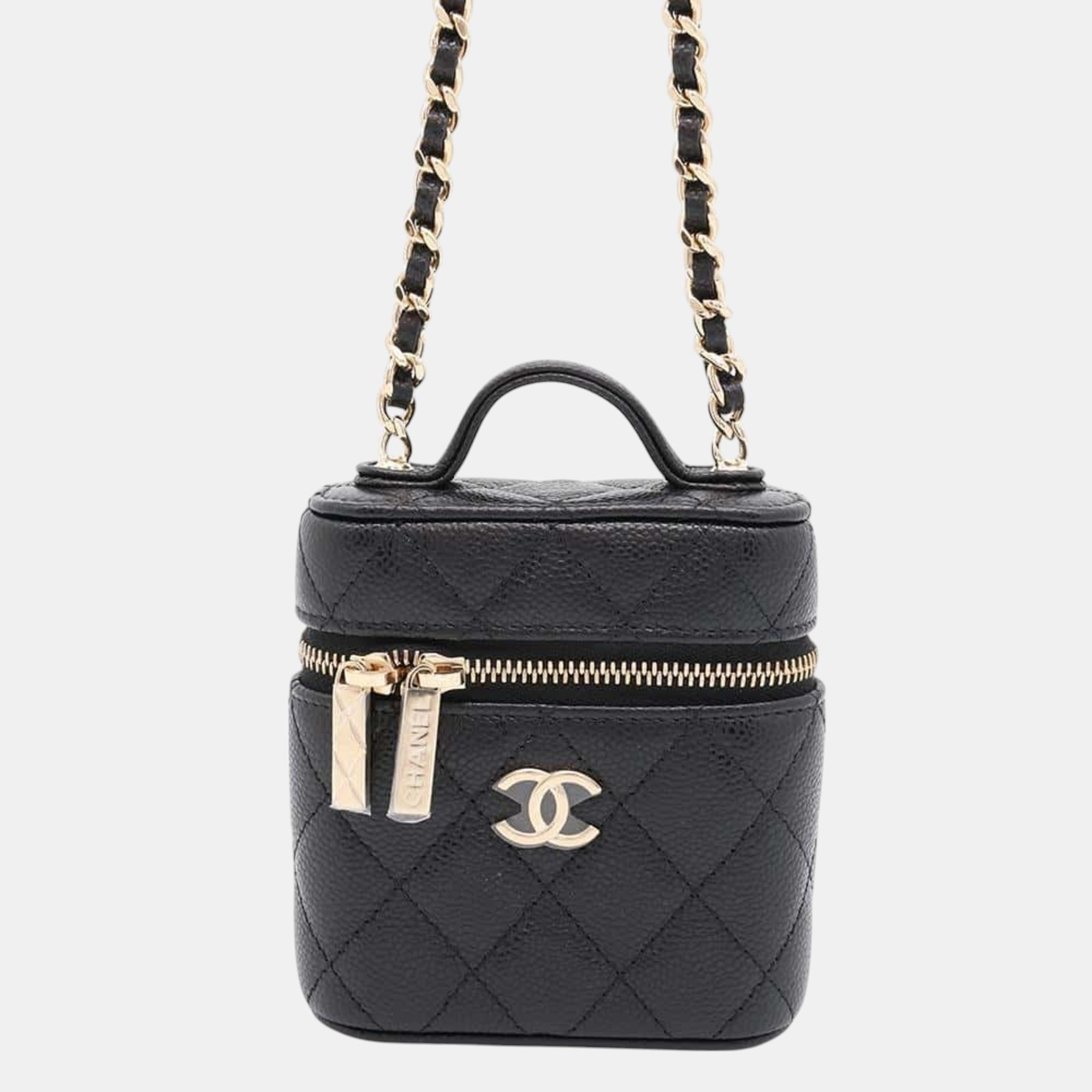 

Chanel Black Caviar Skin Small Matelasse Coco Mark Chain Vanity Shoulder Case Bag