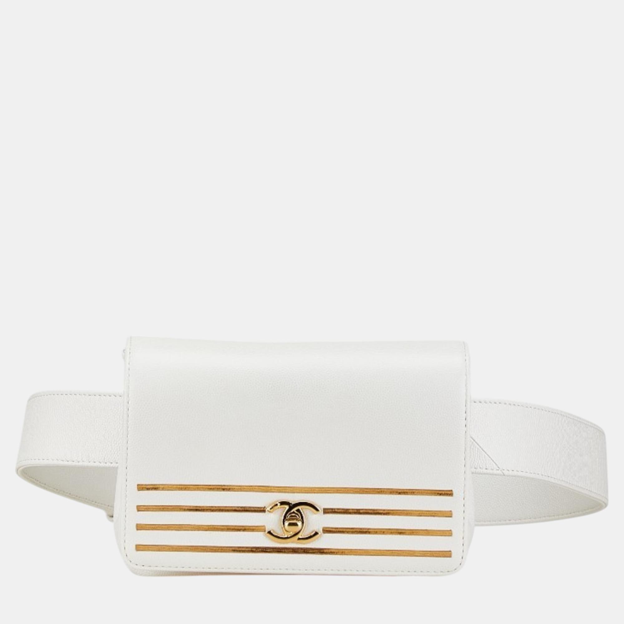 

Chanel White Caviar Skin Coco Mark Captain Gold Waist Bag