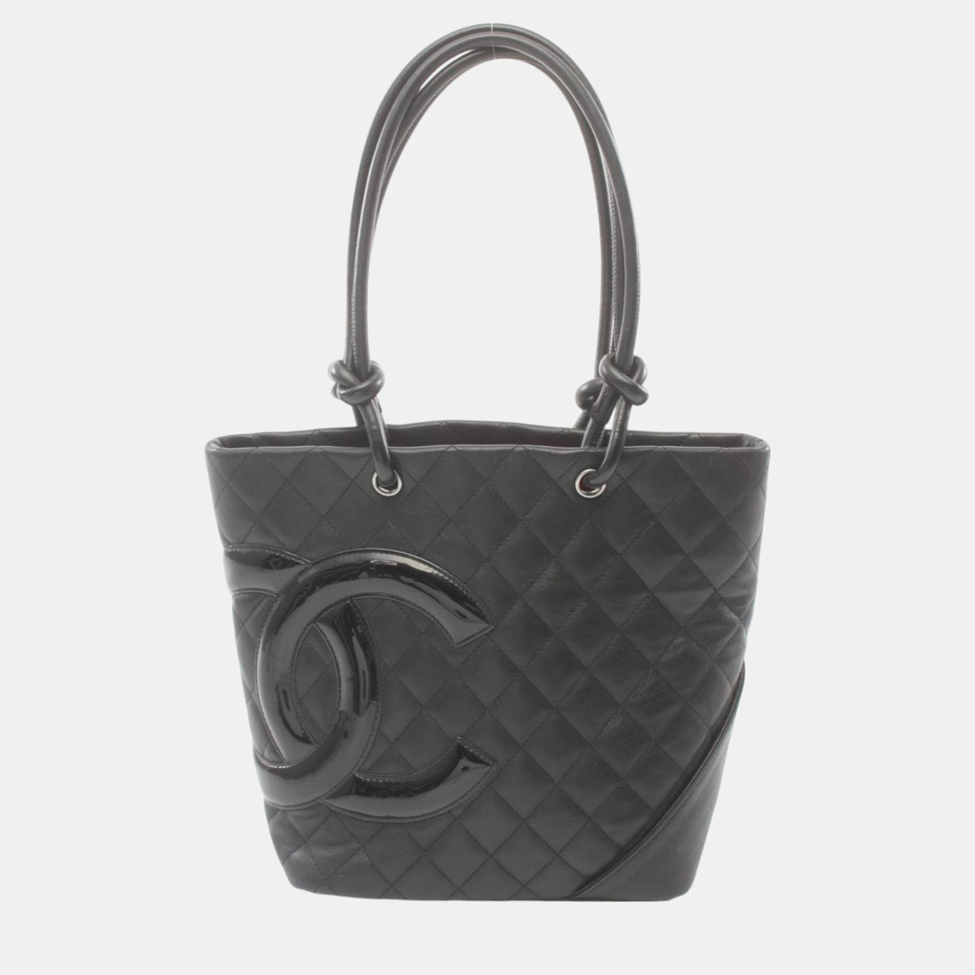 

Chanel Black Leather Patent Cambon Line Medium Tote Bag