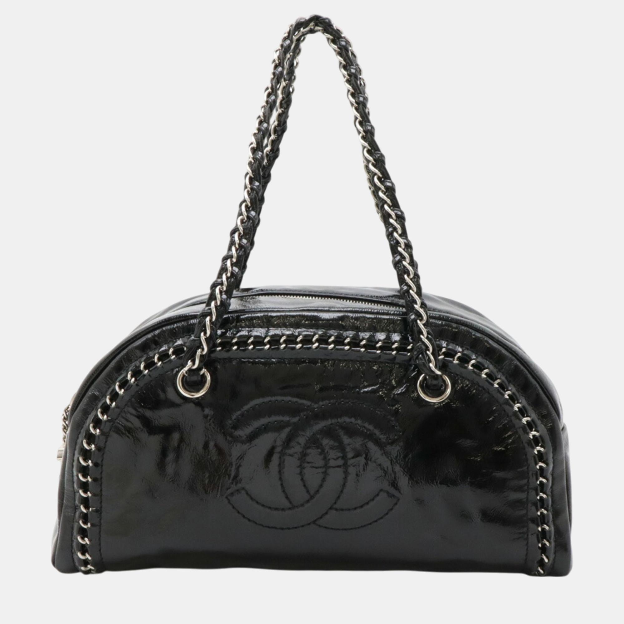 

Chanel Black Enamel Luxury Line Coco Mark Matelasse Bowling Bag