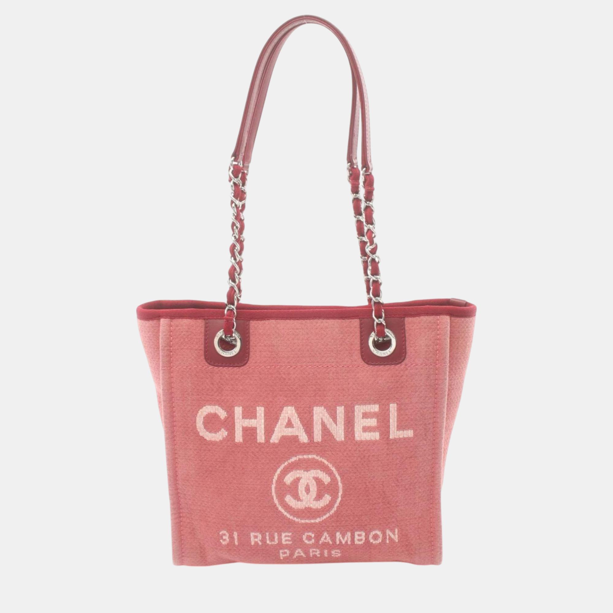 Pre-owned Chanel Red Canvas Leather Deauville Pm Tote Bag