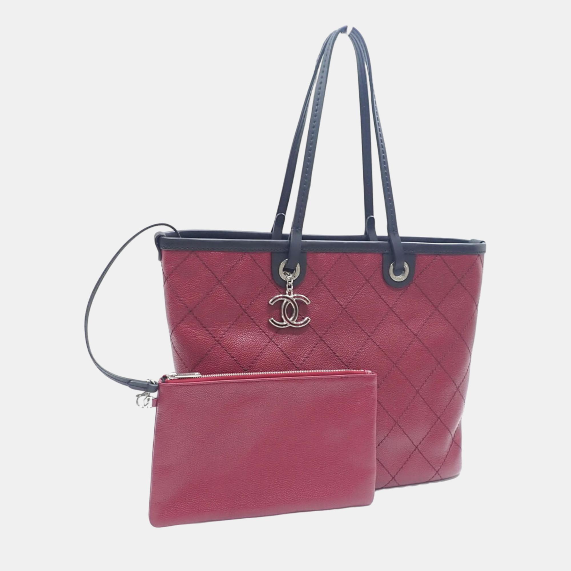 Pre-owned Chanel Red Caviar Skin Leather Wild Stitch On The Road Tote Bag