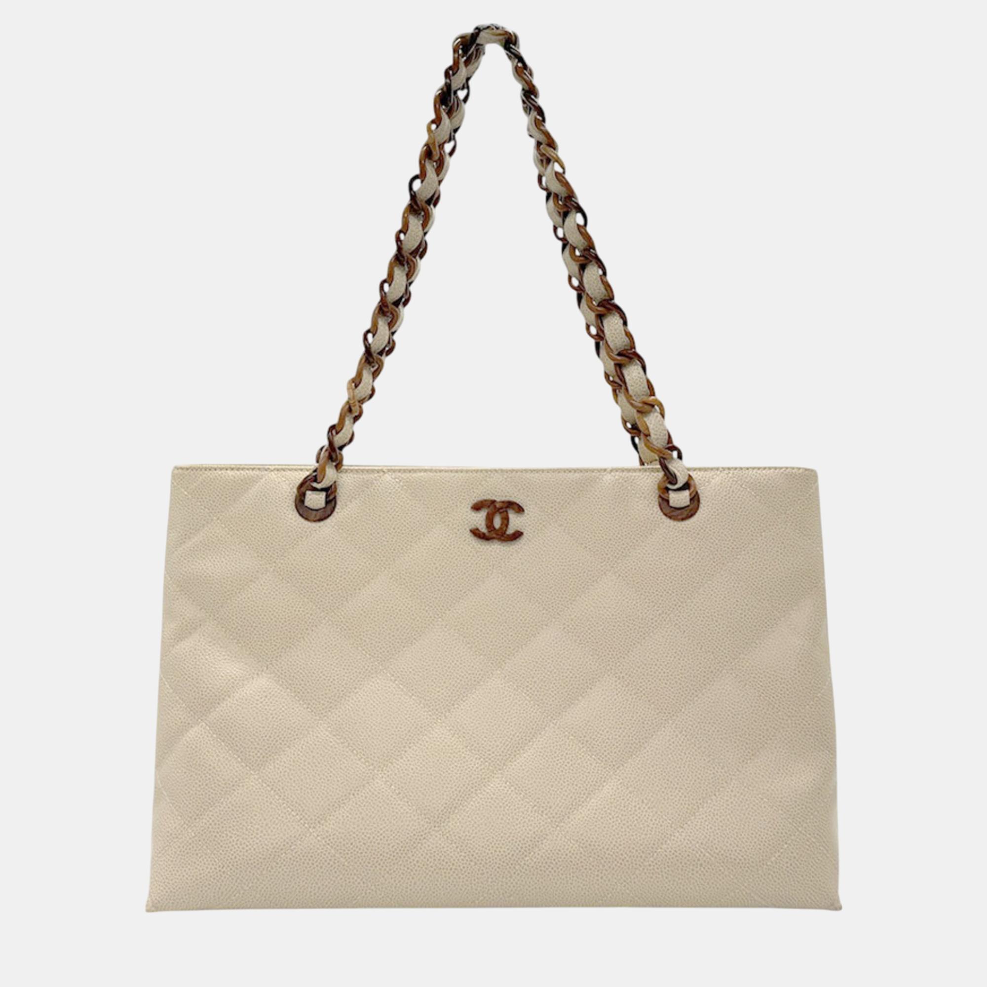 

Chanel Light Beige Caviar Skin Leather Wood Handbag