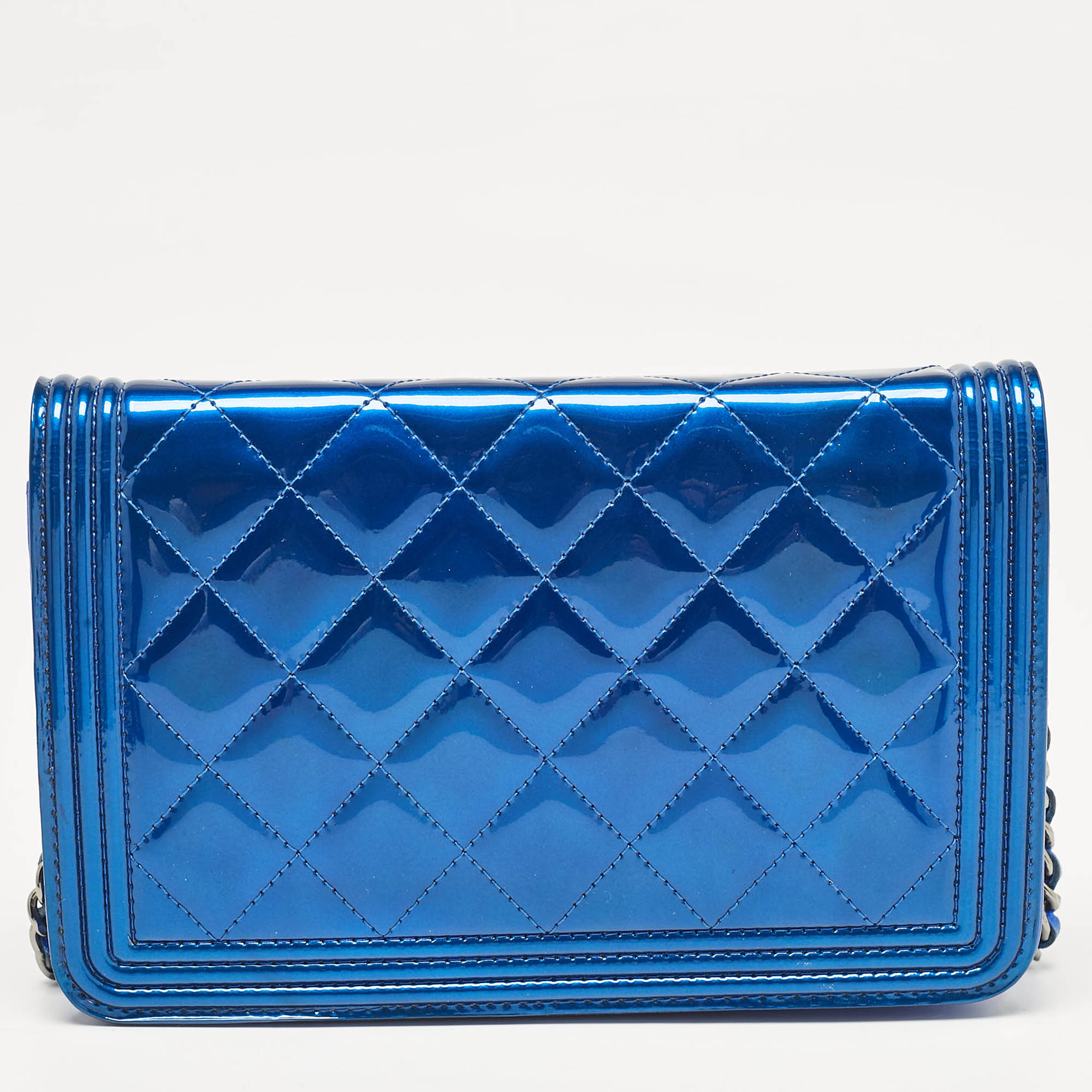 Chanel Royal Blue Quilted Patent Leather Boy Wallet on Chain 