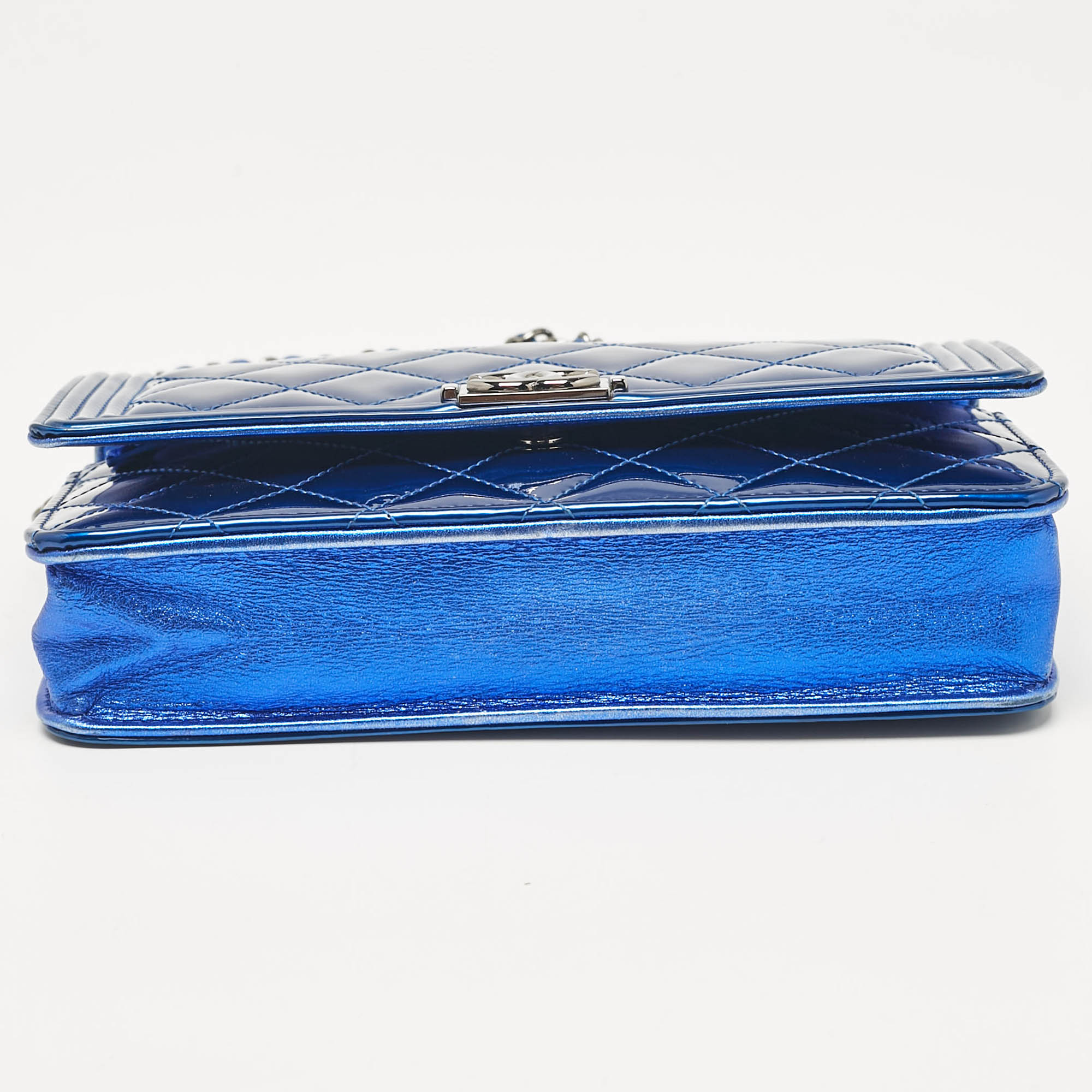 Chanel Royal Blue Quilted Patent Leather Boy Wallet on Chain 