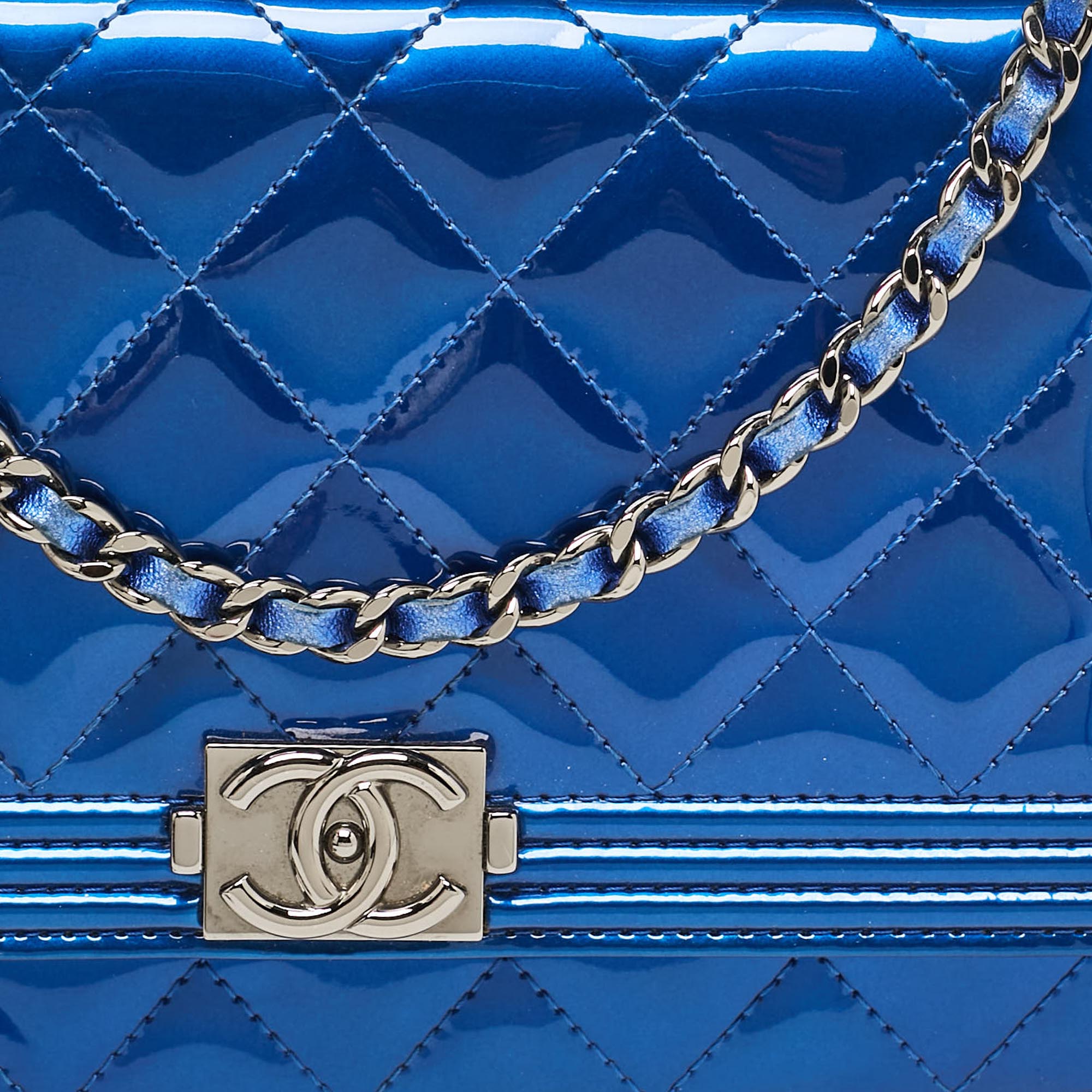 Chanel Royal Blue Quilted Patent Leather Boy Wallet on Chain 