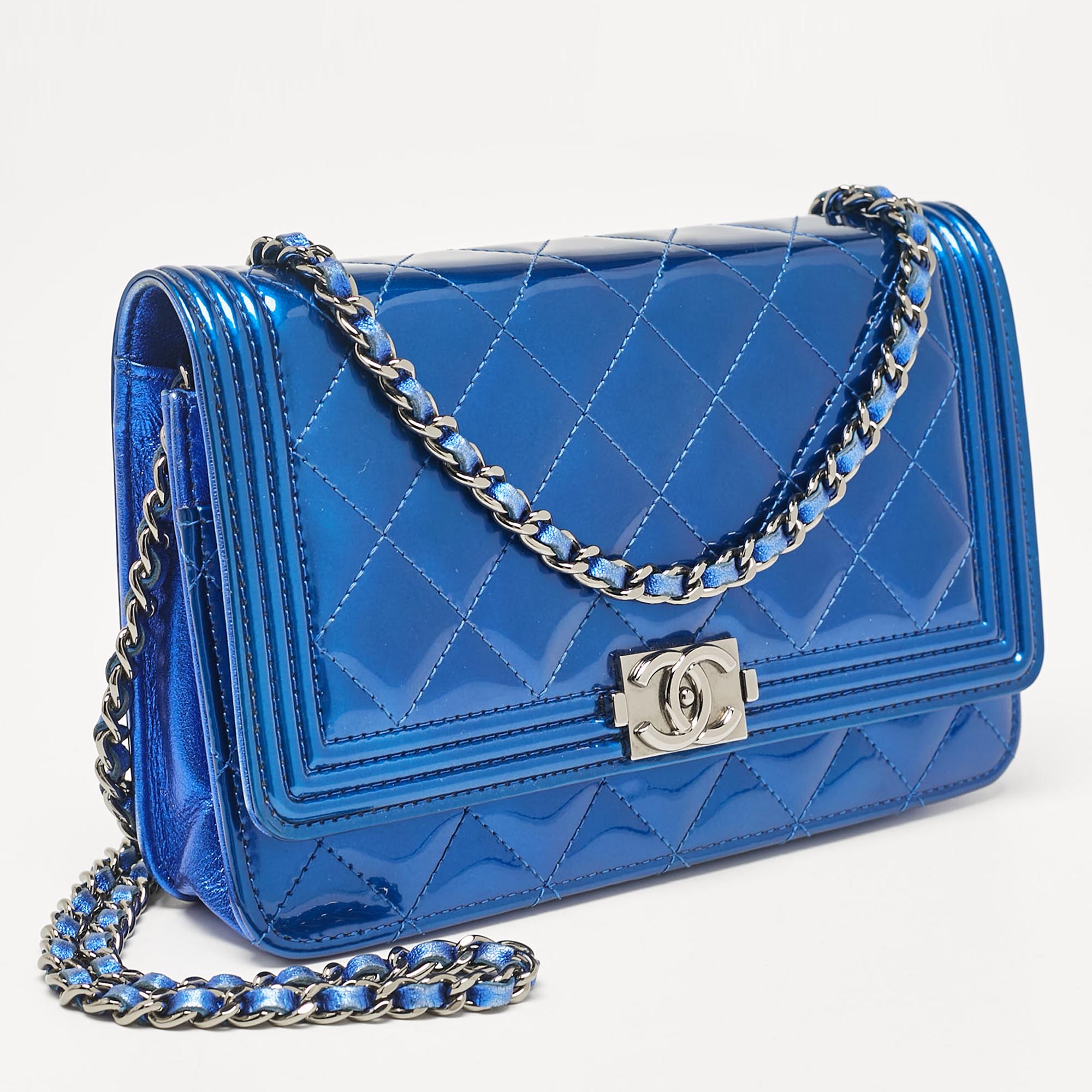 Chanel Royal Blue Quilted Patent Leather Boy Wallet on Chain 