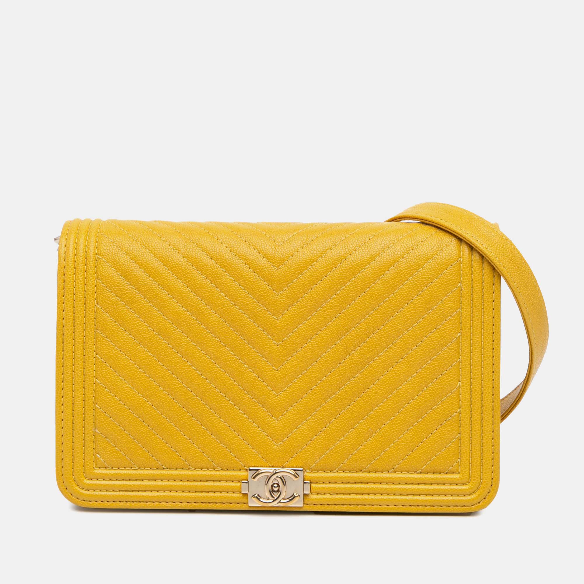 

Chanel Yellow Leather Caviar Chevron Le Boy Wallet On Chain