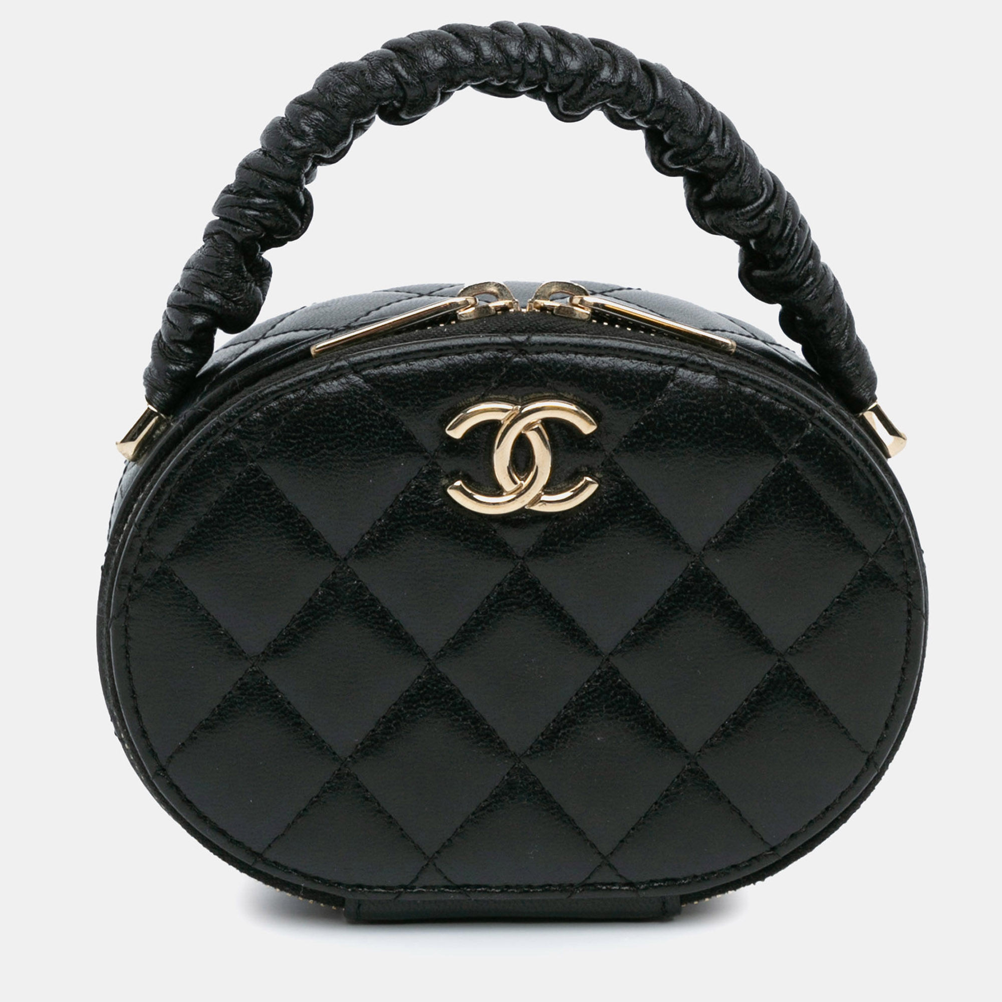 

Chanel Black Leather CC Quilted Lambskin Oval Top Handle Clutch