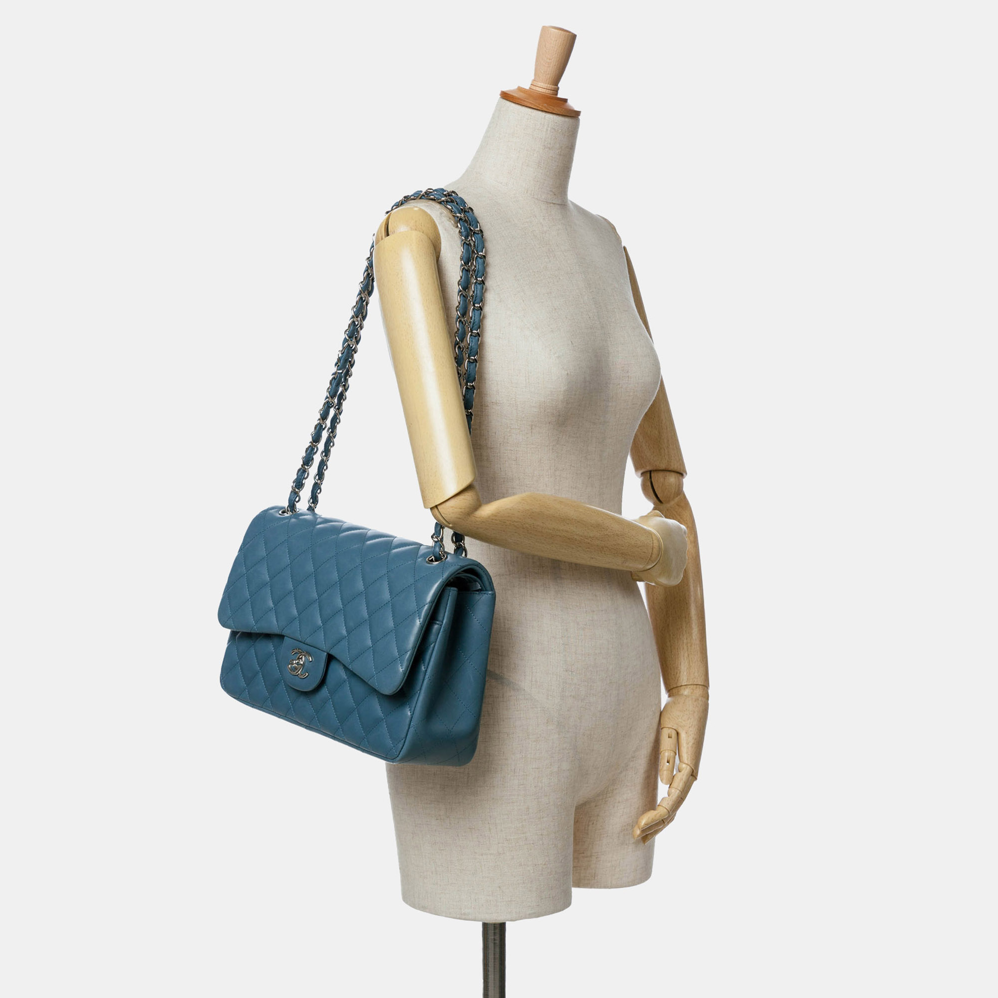 Chanel Blue Leather Jumbo Classic Lambskin Double Flap 