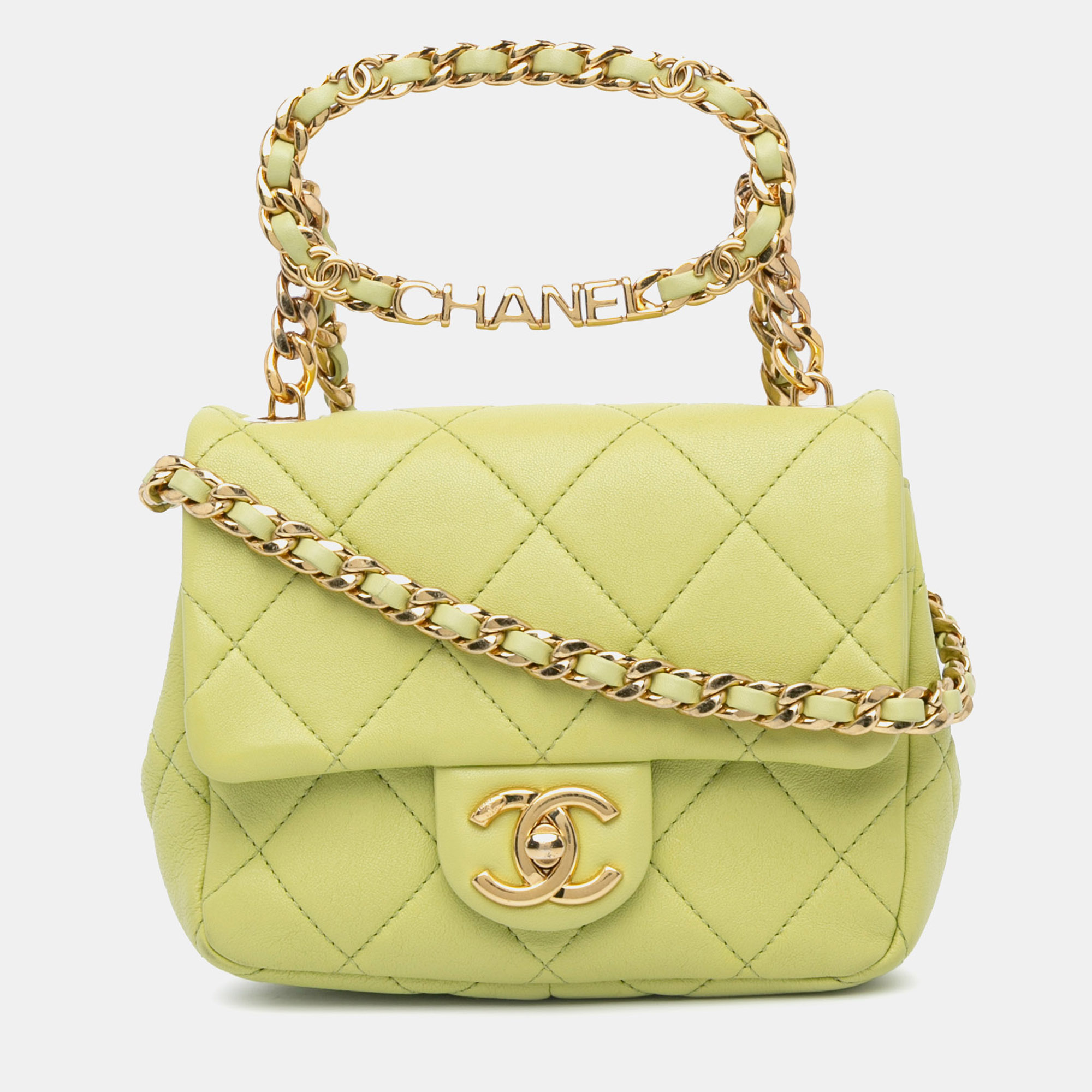 

Chanel Green Mini Quilted Lambskin Oval Logo Chain Top Handle Flap