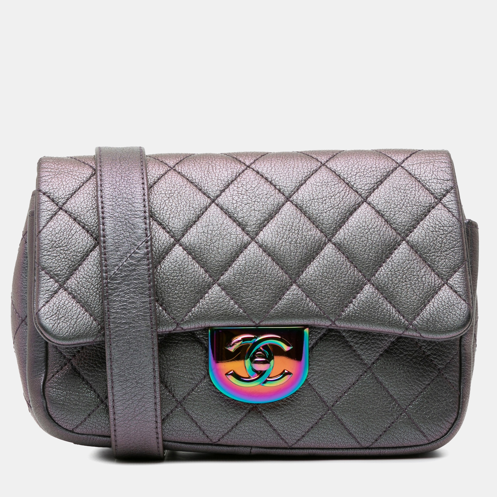 

Chanel Grey Small Iridescent Goatskin Double Carry Waist Chain Flap