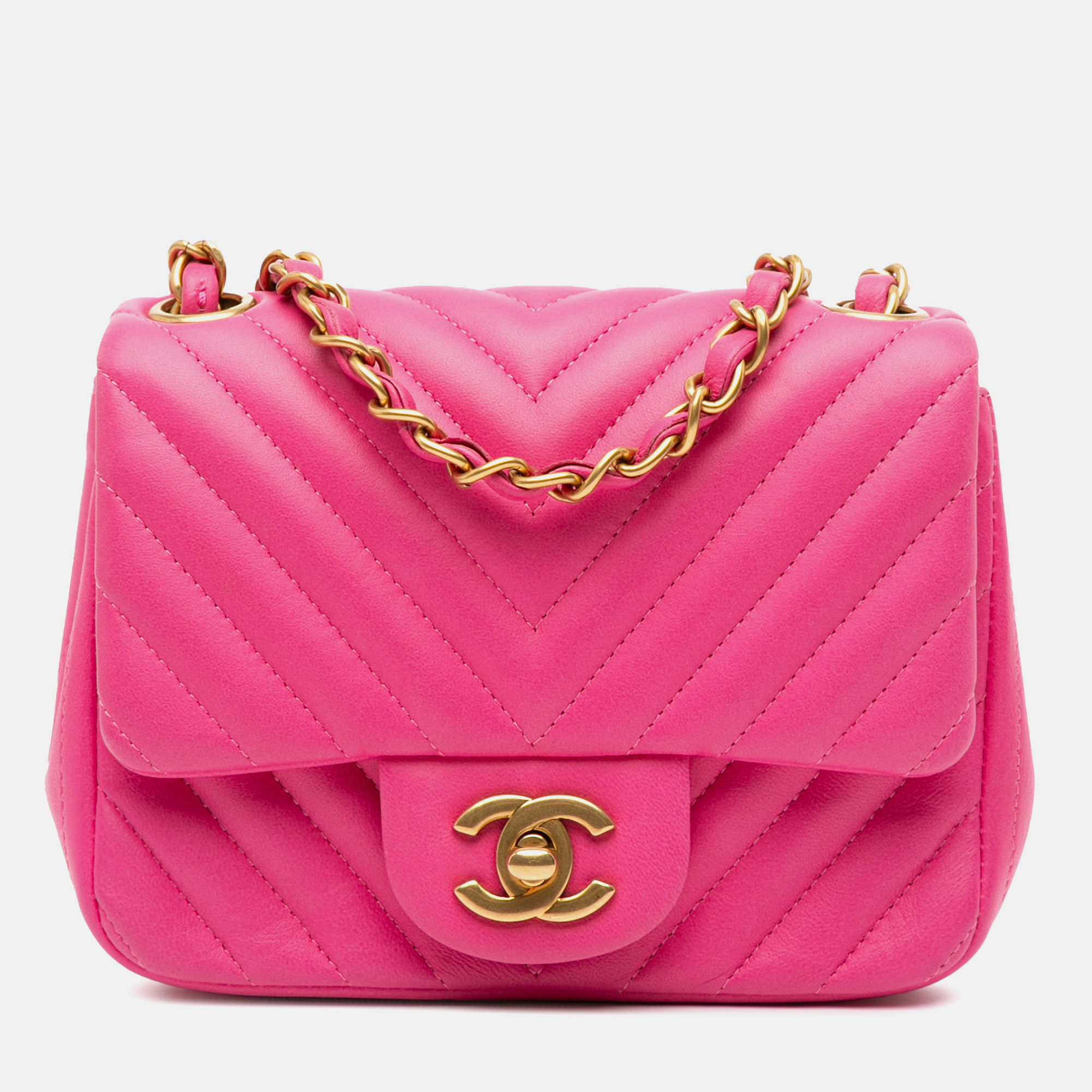 

Chanel Pink Mini Square Classic Chevron Lambskin Flap