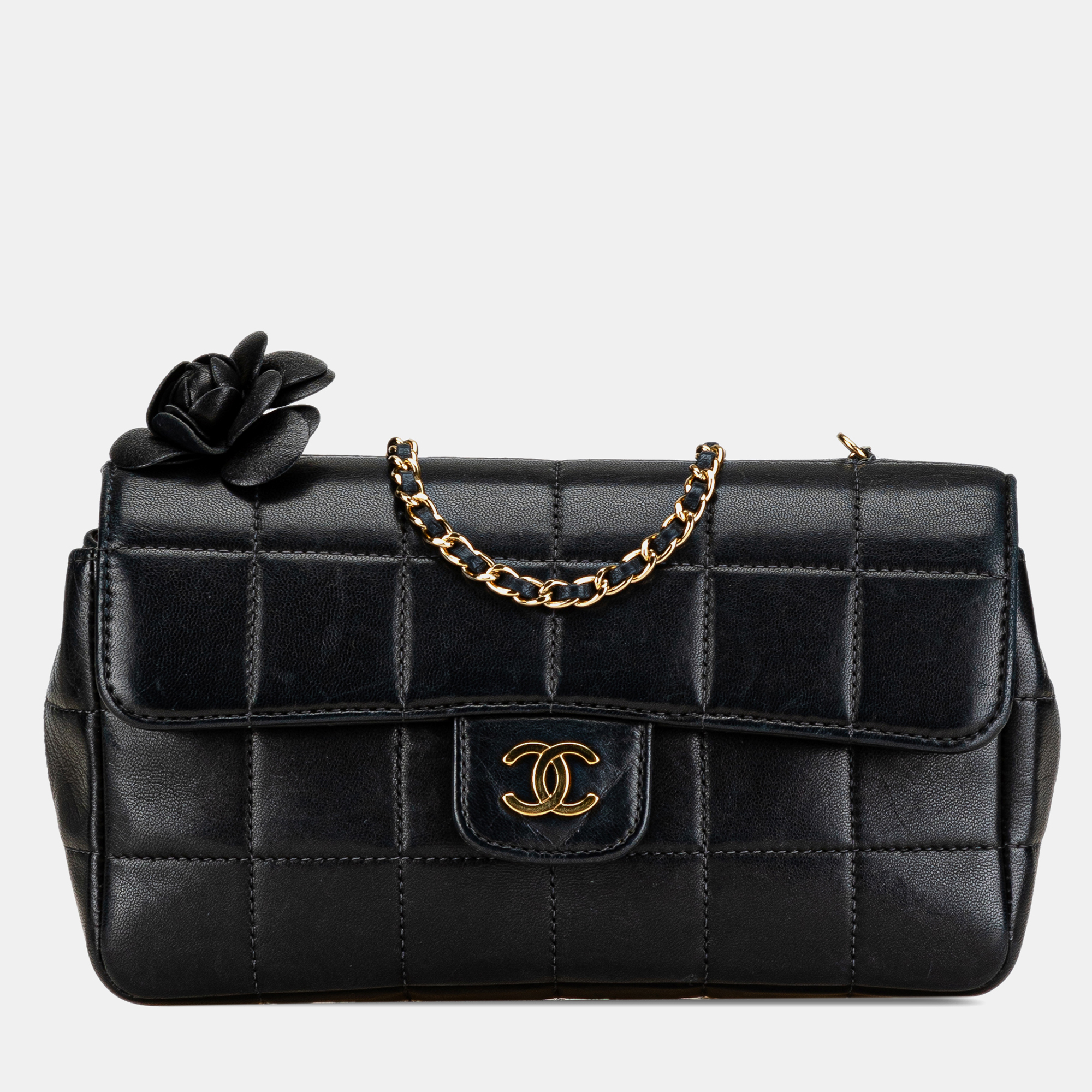 

Chanel Black Extra Mini Chocolate Bar Camellia Lambskin Flap