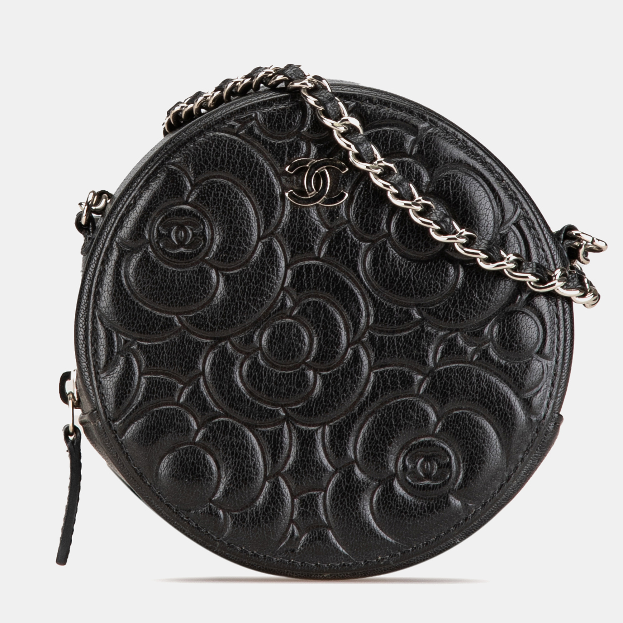 

Chanel Black Goatskin Camellia Round Clutch with Chain